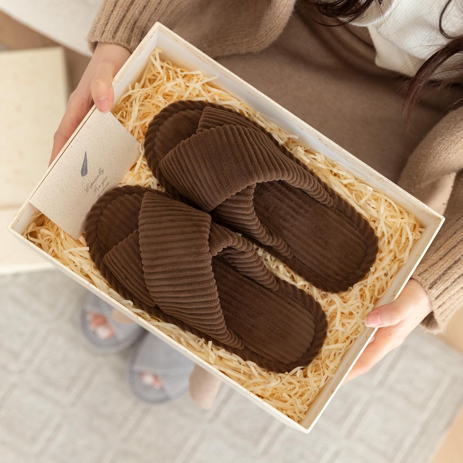 Slippers for Women Memory Foam House Bedroom Corduroy Crossbands Open Toe Slides Sandals Shoes Comfy Trendy Gift for womens Anti-Skid sole - Image 3