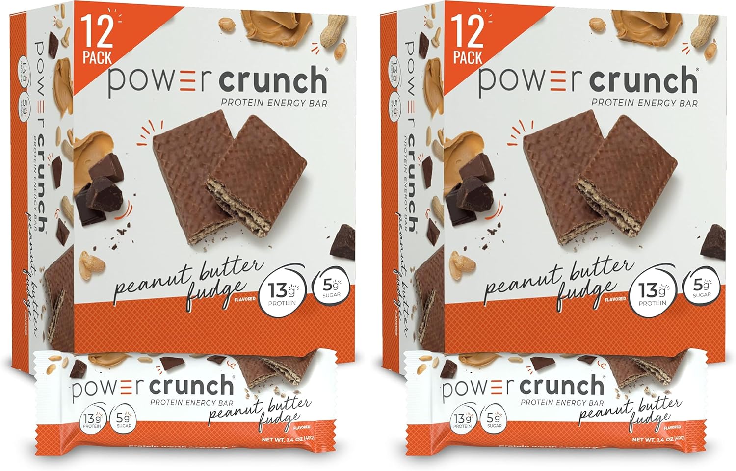 Power Crunch Protein Wafer Bars, High Protein Snacks with Delicious Taste, Peanut Butter Fudge, 1.4 Ounce (12 Count) (Pack of 2)