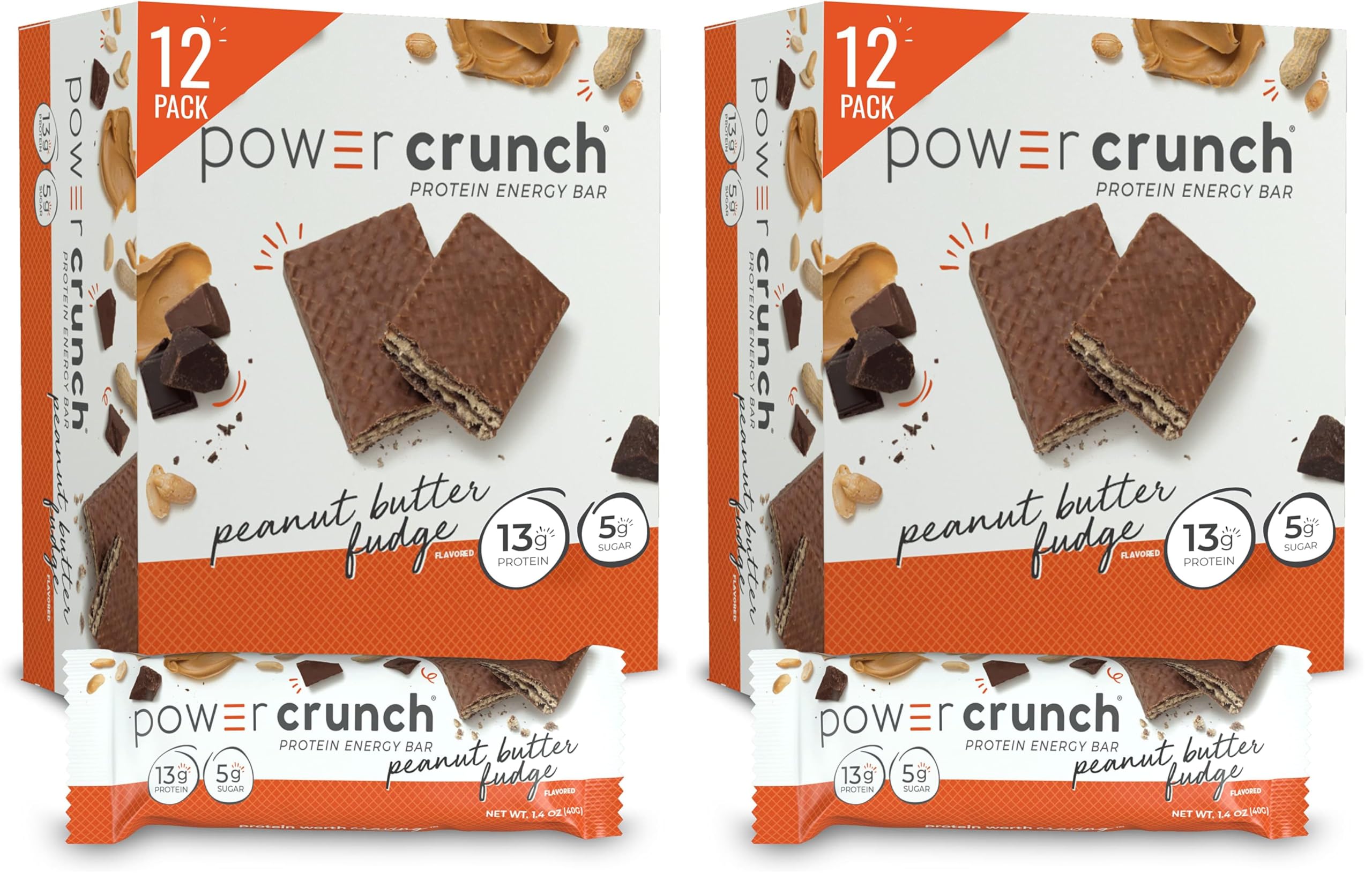 Power Crunch Protein Wafer Bars, High Protein Snacks with Delicious Taste, Peanut Butter Fudge, 1.4 Ounce (12 Count) (Pack of 2)