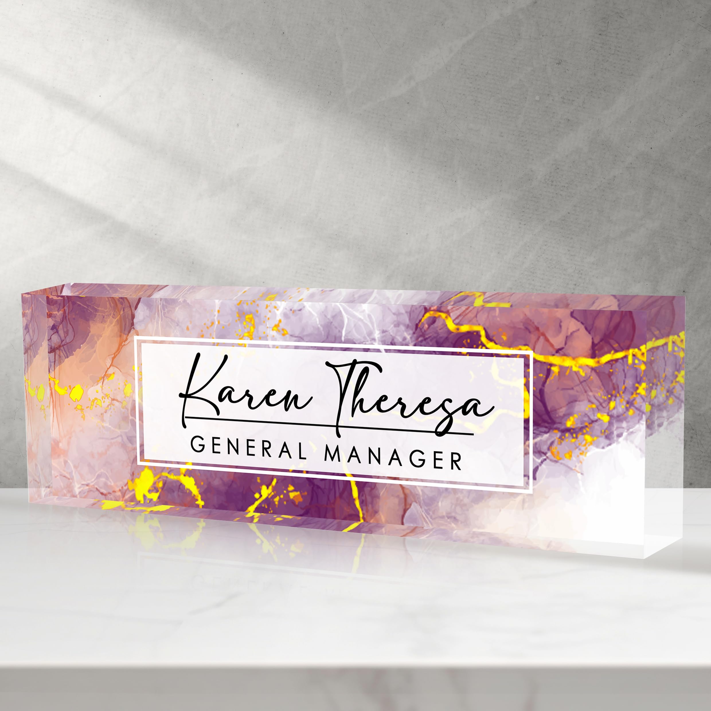 Custom Office Name Plate, Personalized Gifts for Women &amp; Employees, Office Desk Accessory (Purple Marble)