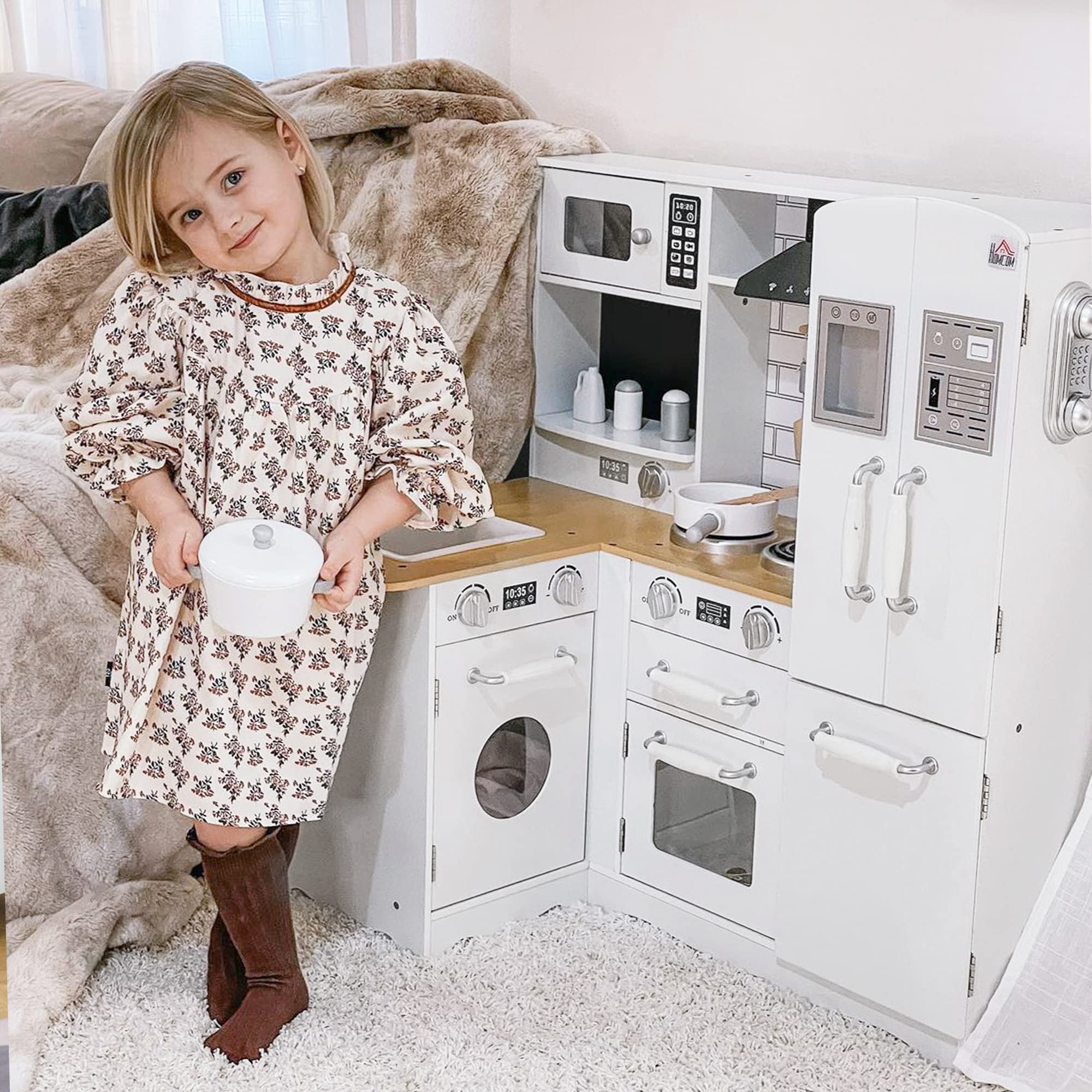 HOMCOM Cucina Giocattolo per Bambini 3-6 Anni in Legno con Suoni, 14 Accessori, Forno, Lavandino e Frigo, 82x65x87cm, Bianco
