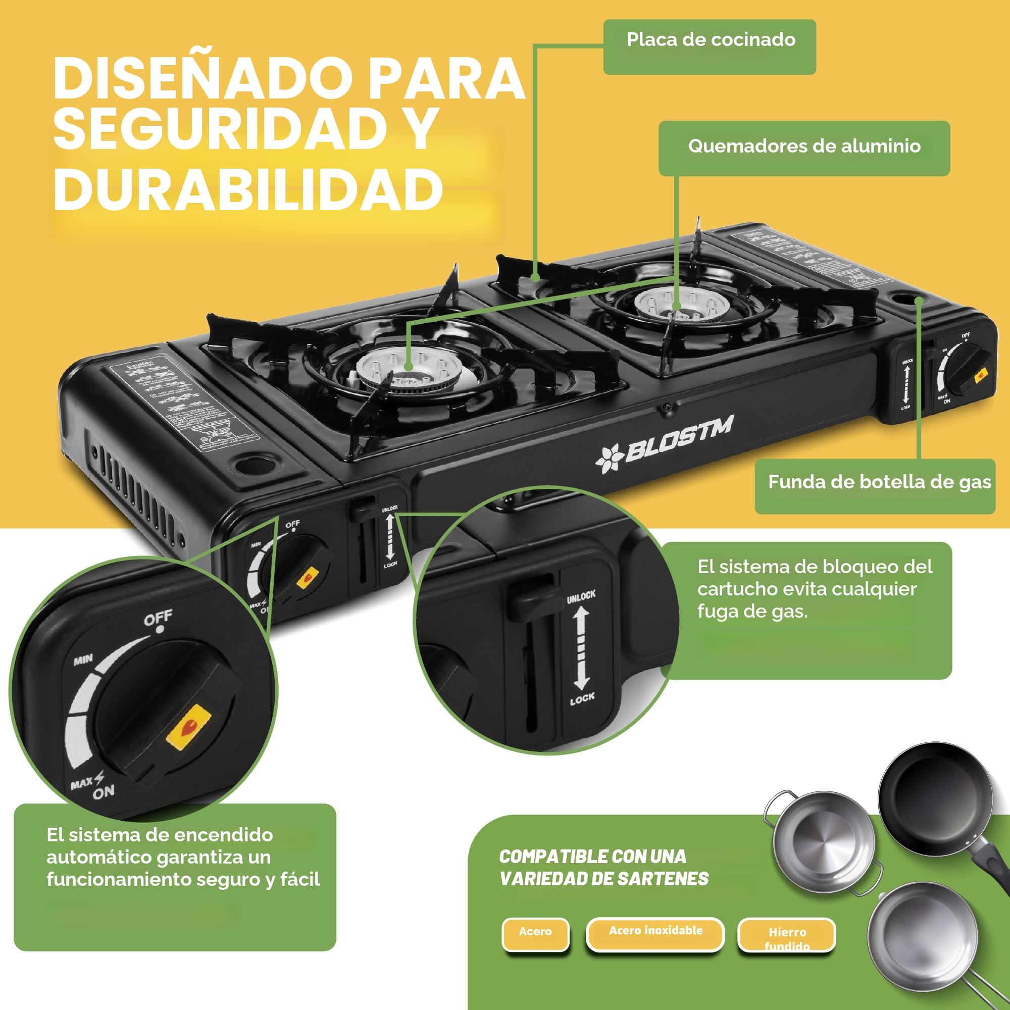 BLOSTM Estufa de gas portátil para camping, estufa de camping de doble quemador con sistema de encendido automático y control de calor
