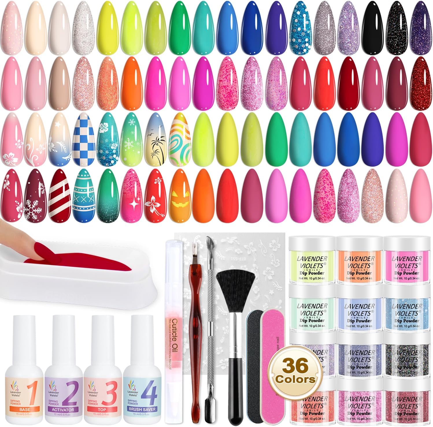Lavender Violets48 Pcs Dip Powder Nail Kit Starter, 36 Colors Dipping Powder with Liquid Set and Dips Manicure Tools for Acrylic Dip Nail Art Designs B950