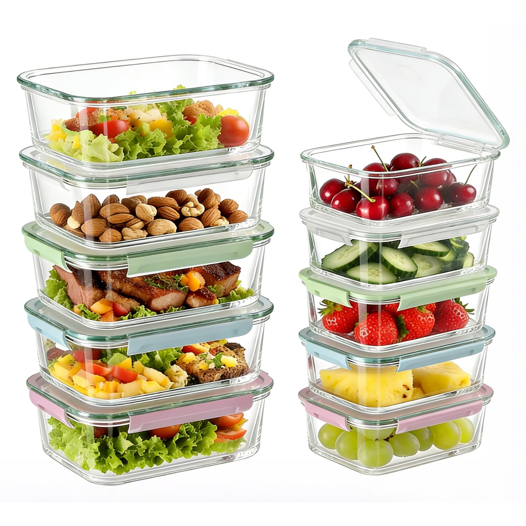 MerryNine Recipientes de vidrio para almacenamiento de alimentos, paquete de 10, 1040 ml y 370 ml, recipiente de preparación de comidas con tapas herméticas a prueba de fugas, reutilizable, seguro