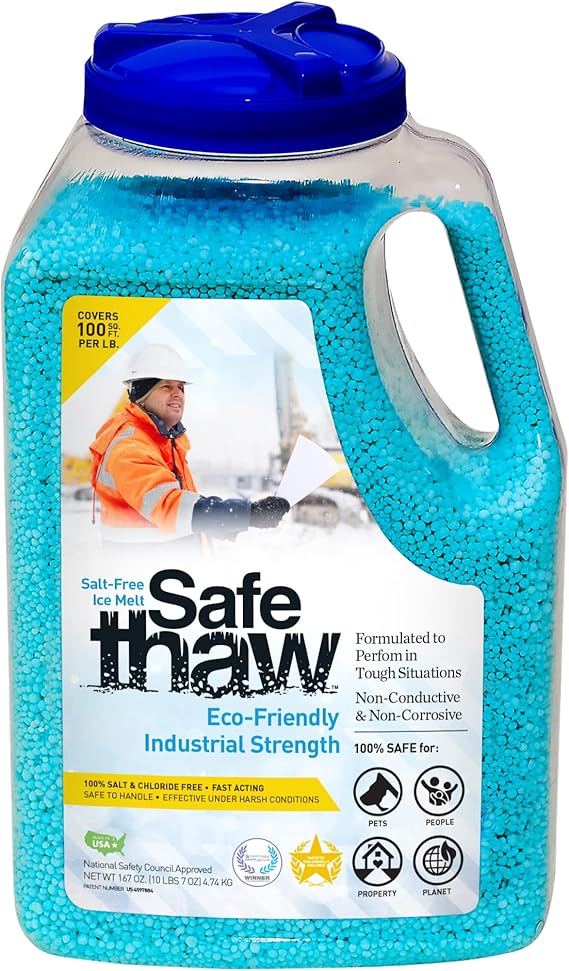 Review Safe Thaw Industrial Strength Concrete-Safe Pet Paw-Safe Snow & Ice Melter,100% Salt-Chloride-Free and Traction Agent. Use on Asphalt, Roofs & On Any Surface, 10 Pound Jug
