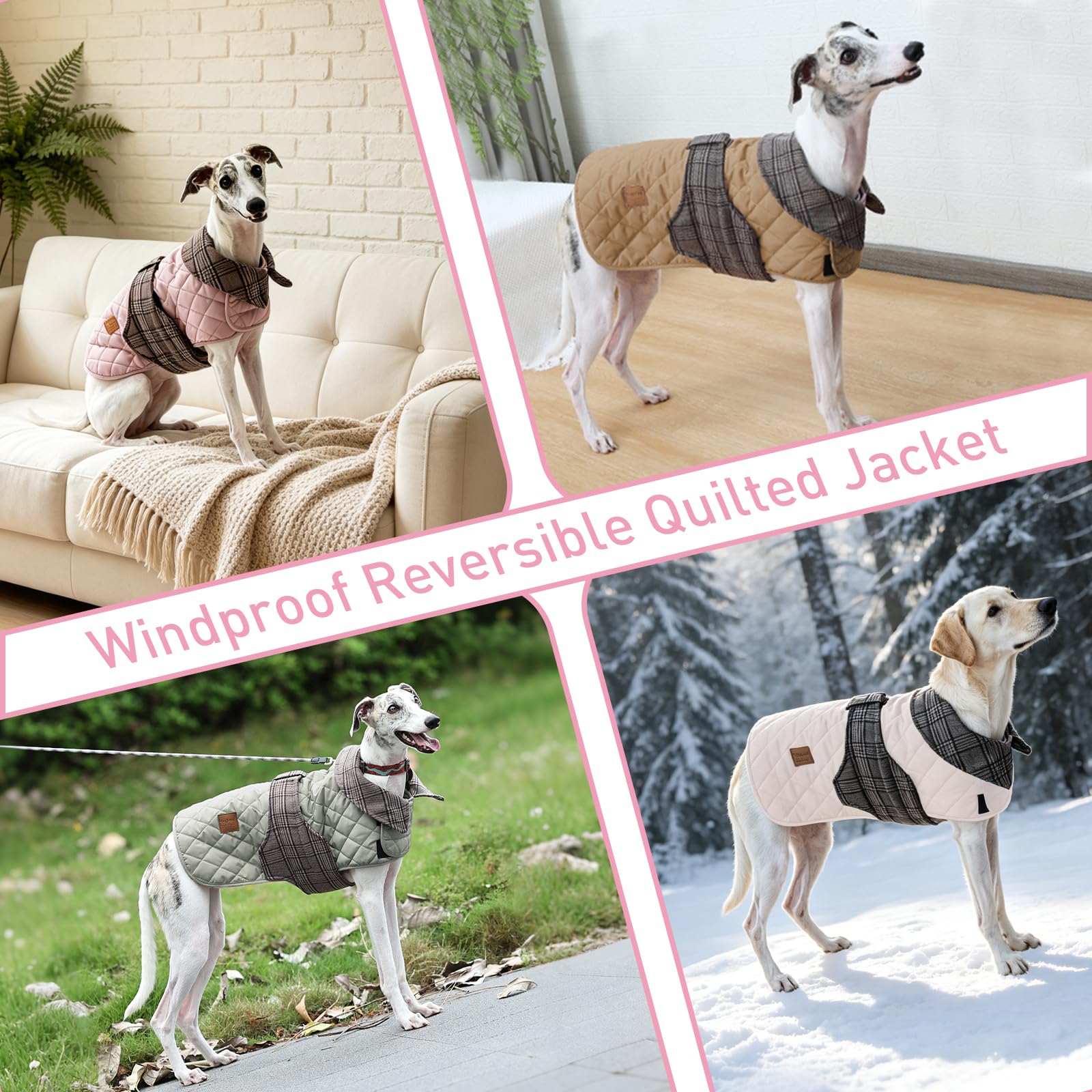 Cappotto invernale per cani, antivento, reversibile, trapuntato, con colletto a quadri, chiusura con , per cani di taglia piccola, media e grande (rosa, 2XL)