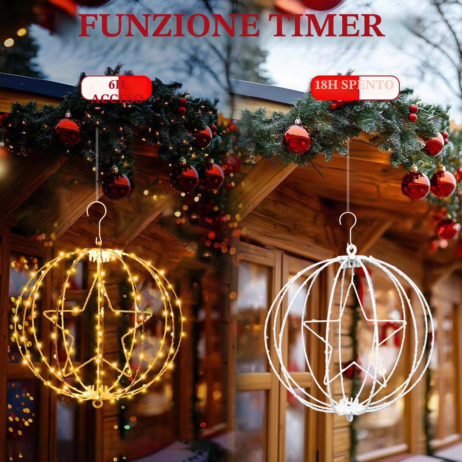 Yowin 2 Pezzi Luci Natale Esterno 30CM 200 LED Sfere Luminose Natalizie con Trasformatore, Timer, Stella di Natale 8 Modalità Palla Luminosa Natalizia Gigante per Interno Balcone - Telaio Bianco