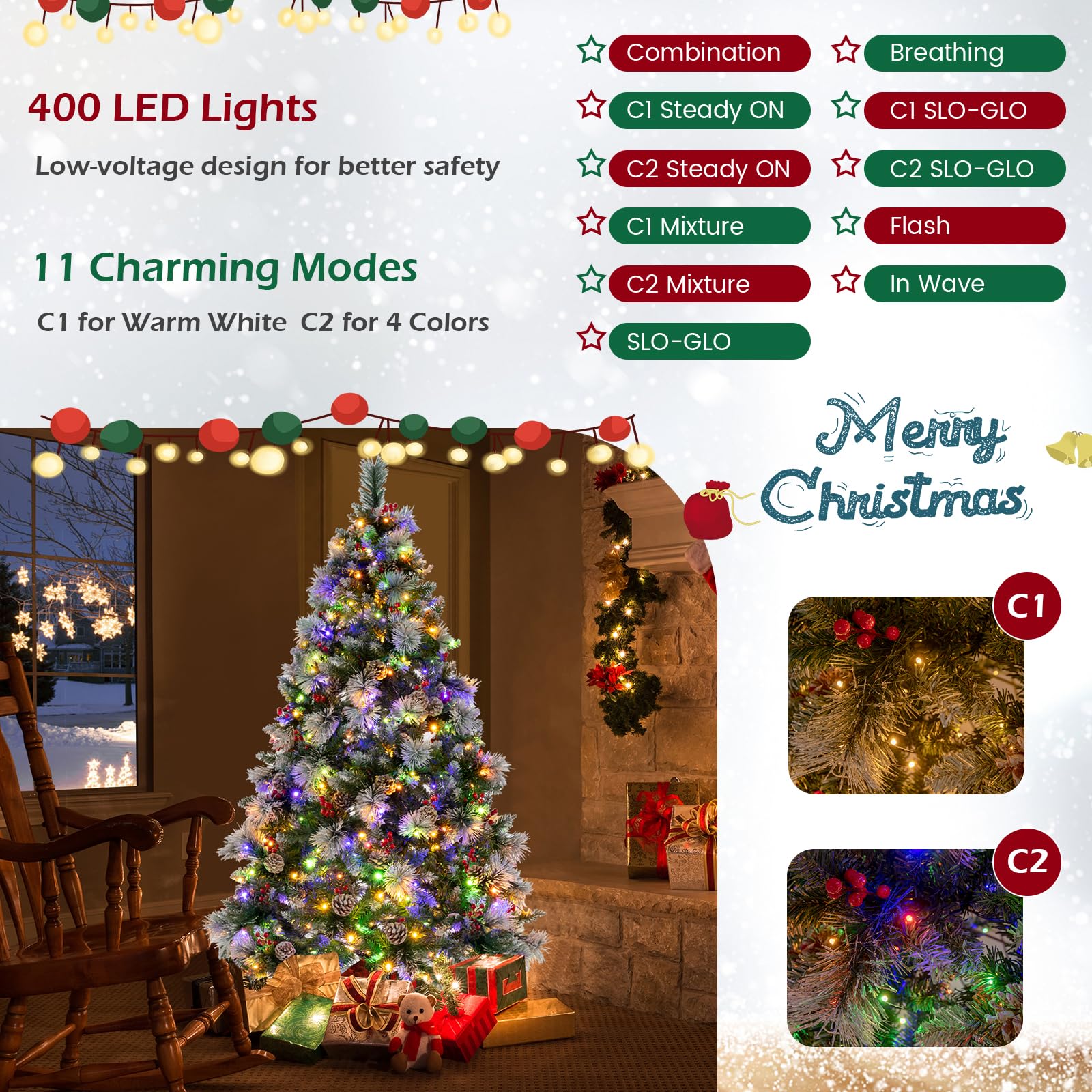 Weihnachtsbaum, LED-Lichter, schneebedeckte PVC-Spitzen, Kiefernnadeln, rote Beeren(7FT)