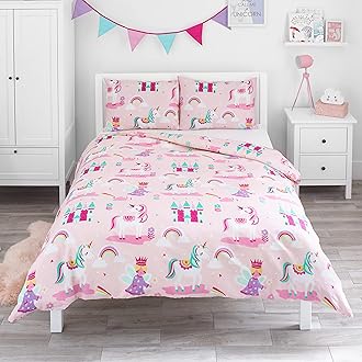 Bloomsbury Mill - Unicorn Princess and Rainbows Bedding 200 x 200 cm for Children - Double Bed Bedding Set for Girls - Pink & Purple Reversible Bedding and 2 Pillowcases Set