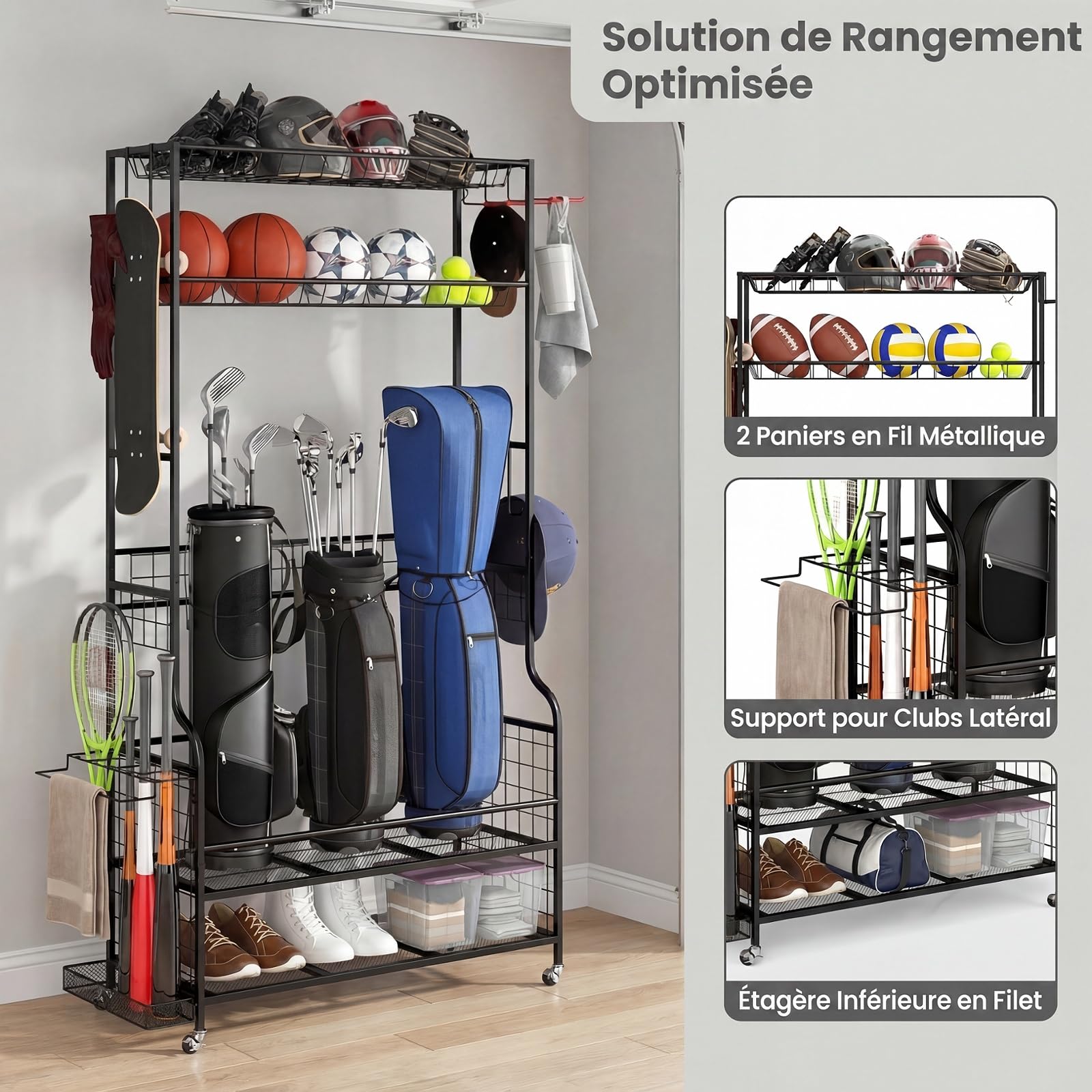 GYMAX Rangement d'Équipement Sportif à roulettes Amovibles 132 x 40,5 x 194 cm, Organiseur pour Ballons, Raquettes, Clubs, Sacs de Golf, Tapis de Yoga, Chaussures, Vêtement, Casque