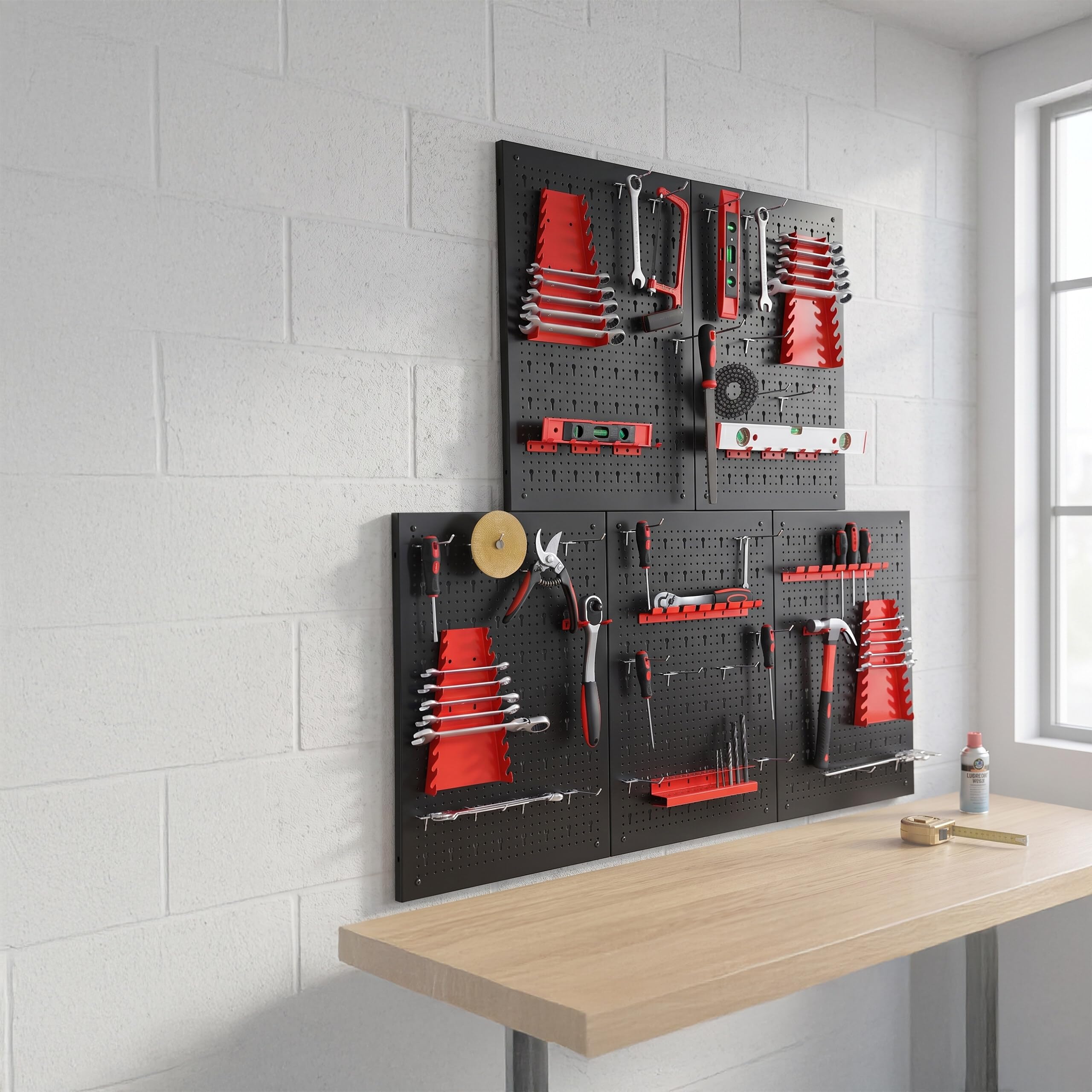 Relaxdays Paneles Perforados para Herramientas, 5 Unidades, 48 Accesorios, 60 x 40 cm, Metal, Taller, Negro/Rojo