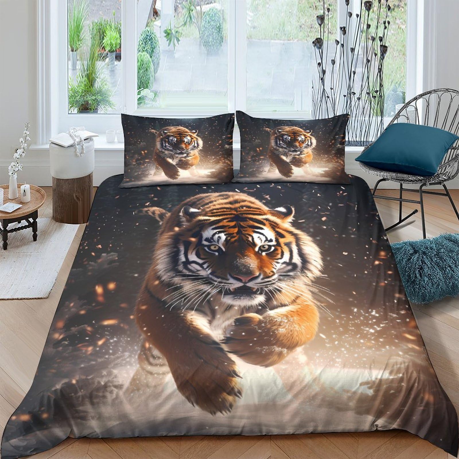 Ctjqhvkz Style-9 3D Printed Tiger Wild Forest Fitted Sheet Microfiber Soft Animal Flame Bed Cover For Bedroom Dorm Decor Single（135X200cm）