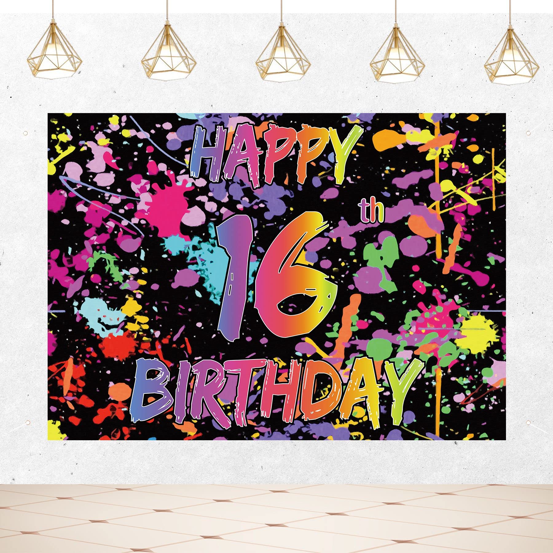 Joyiou Happy 16th Birthday Neno Glow in The Dark Backdrop Banner Sign Decorations for Girls Boys, Colorful Graffiti Splash Paint 16th Birthday Party