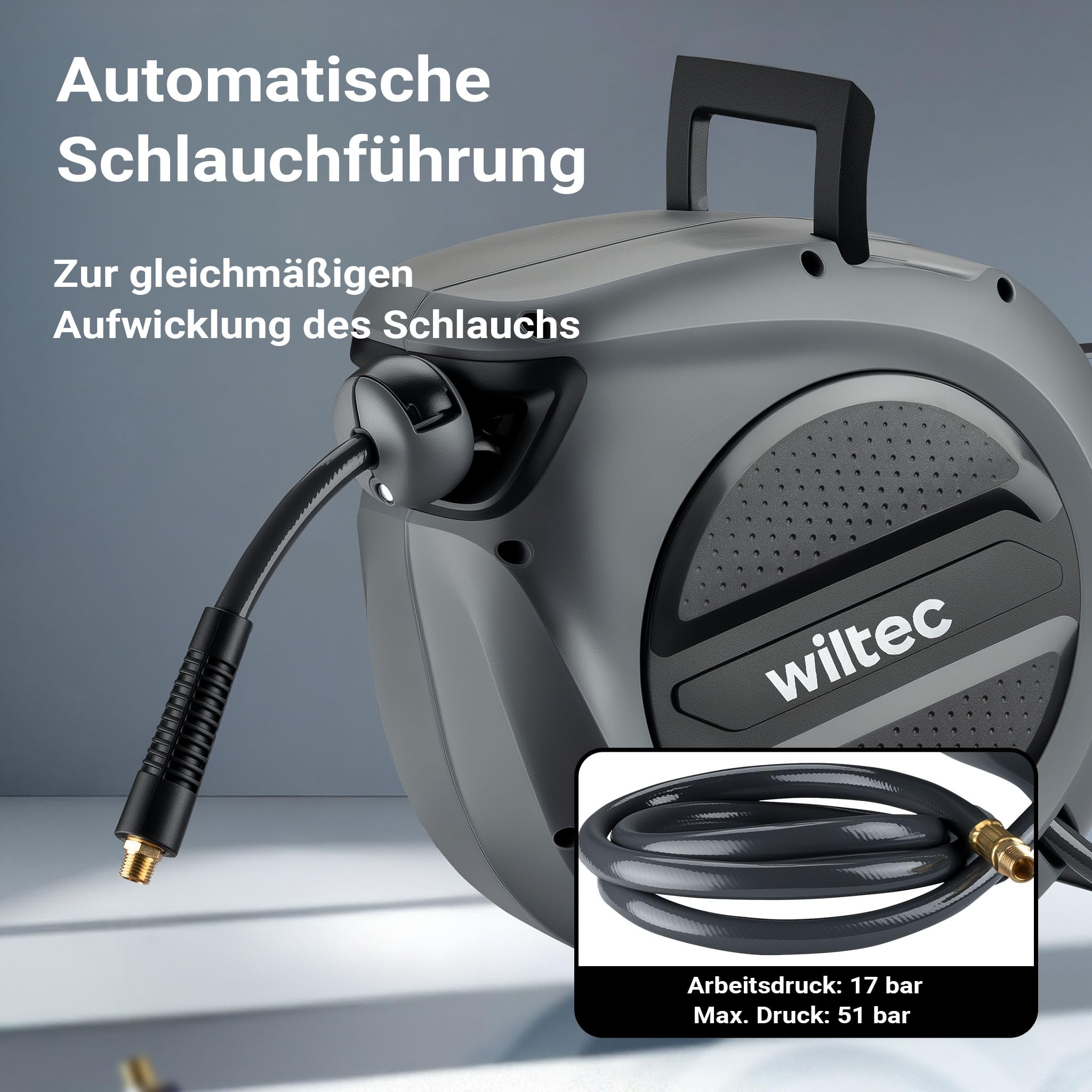 Wiltec Druckluft Schlauchtrommel 15 m, automatische Druckluftschlauchtrommel Stahl, 17 bar Drucklufttrommel, Schlauchaufroller mit 180° Halterung