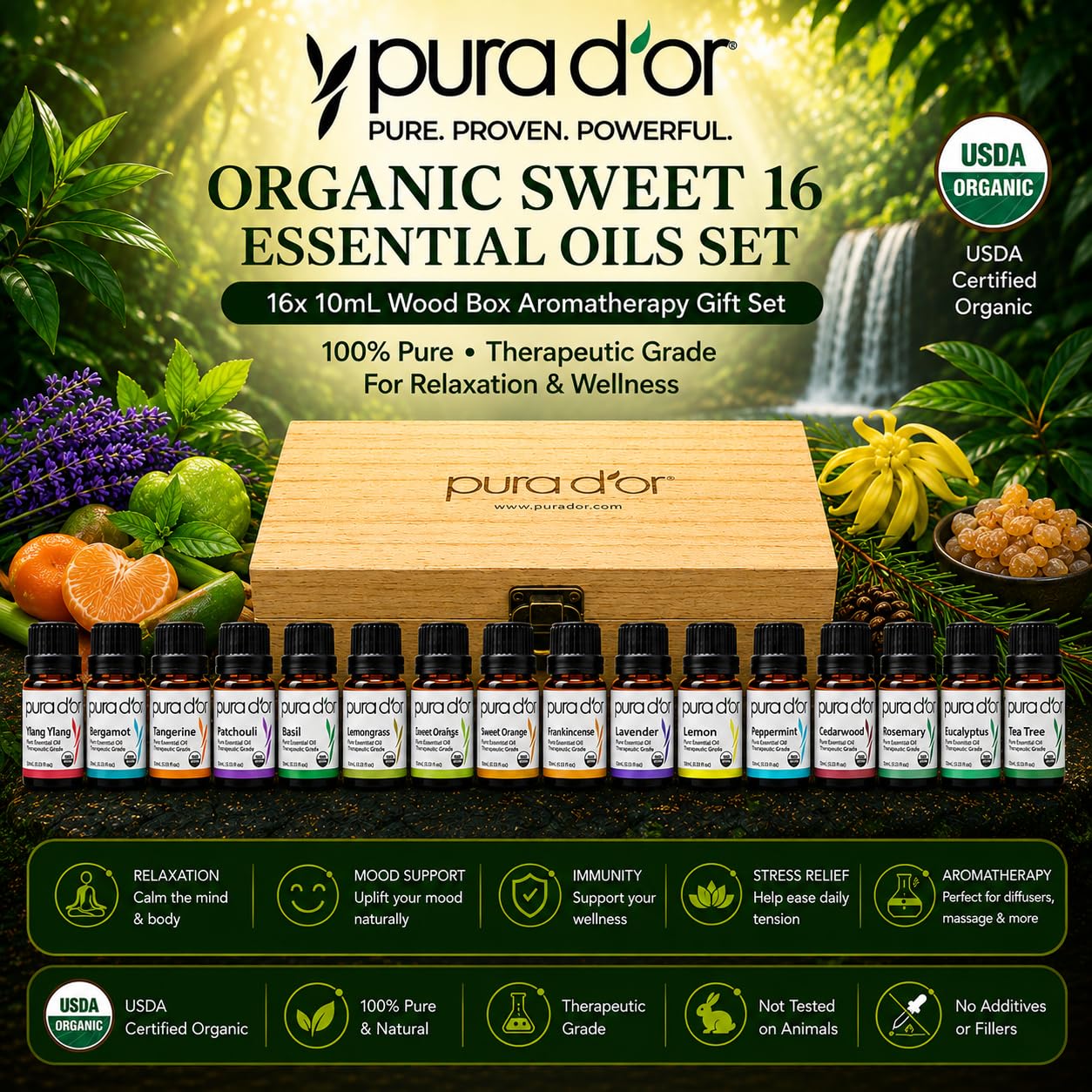PURA D'OR Organic Sweet16 Essential Oils Aromatherapy Box Set, 10mL x16 Product Image 2