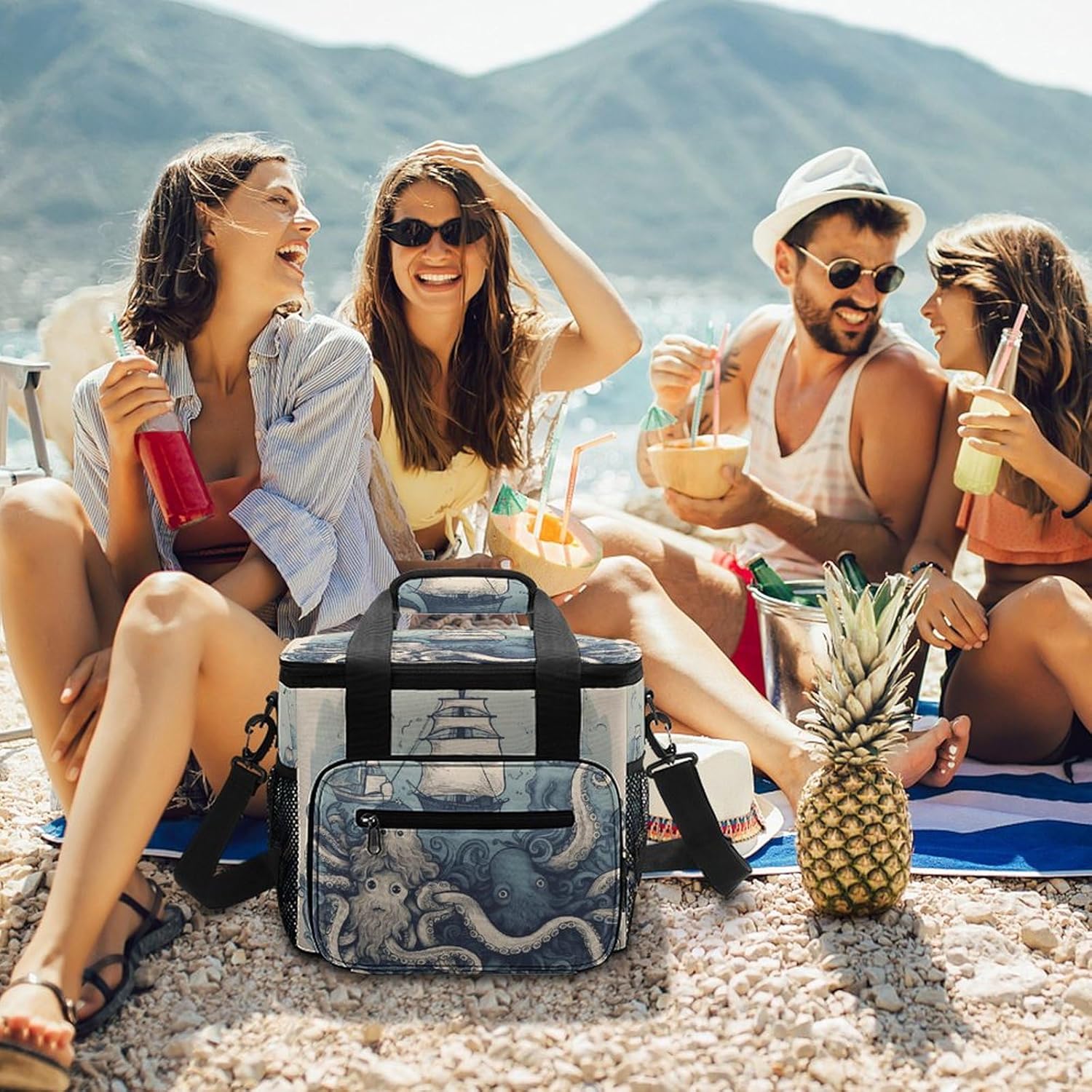 Camping Ice Pack, and Friends Print Cooler Bag, 22.5L Large Capacity Insulated Lunch Tote Bag for Outdoor, Picnic, BBQ, Travel, Work