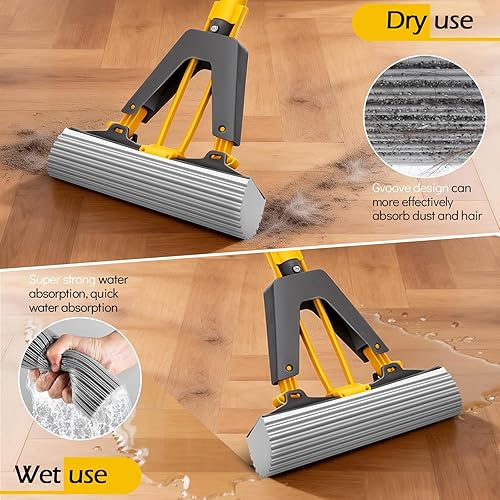 Miniatura 4 de MASTERTOP Trapeador de esponja, mopa autoexprimible con 3 repuestos de mopa absorbente de PVA, mopa de esponja con rodillo con mango de acero