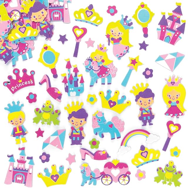 Baker Ross- Pegatinas de Espuma con Diseños de Princesa (Pack de 120) para Decorar Tarjetas, Cuadernos