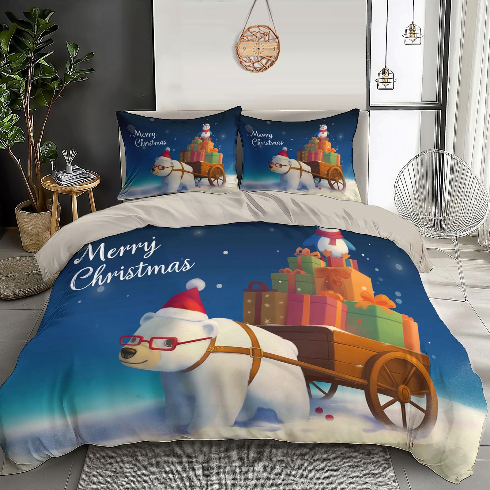 Housse de Couette Fermeture Éclair 200x200 Parure de Lit Ours Bleu