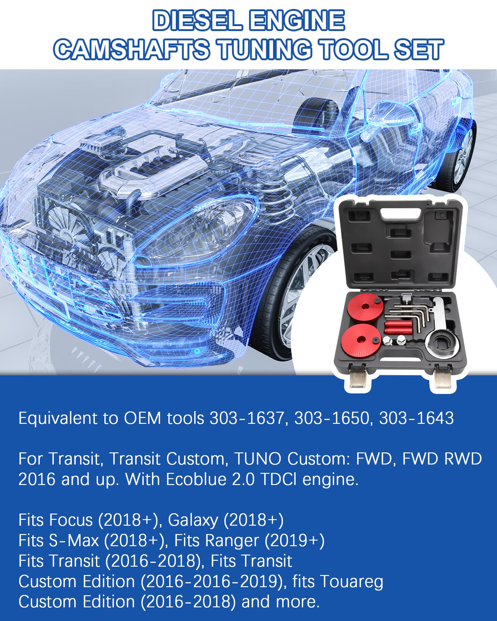 Kit Kfz Motor Zahnriemen Werkzeug für Ford 2.0 EcoBlue, Transit S-Max TDCi Kfz Motor Einstellwerkzeug, Zahnriemensatz 303-1637, 303-1643, 303-1650