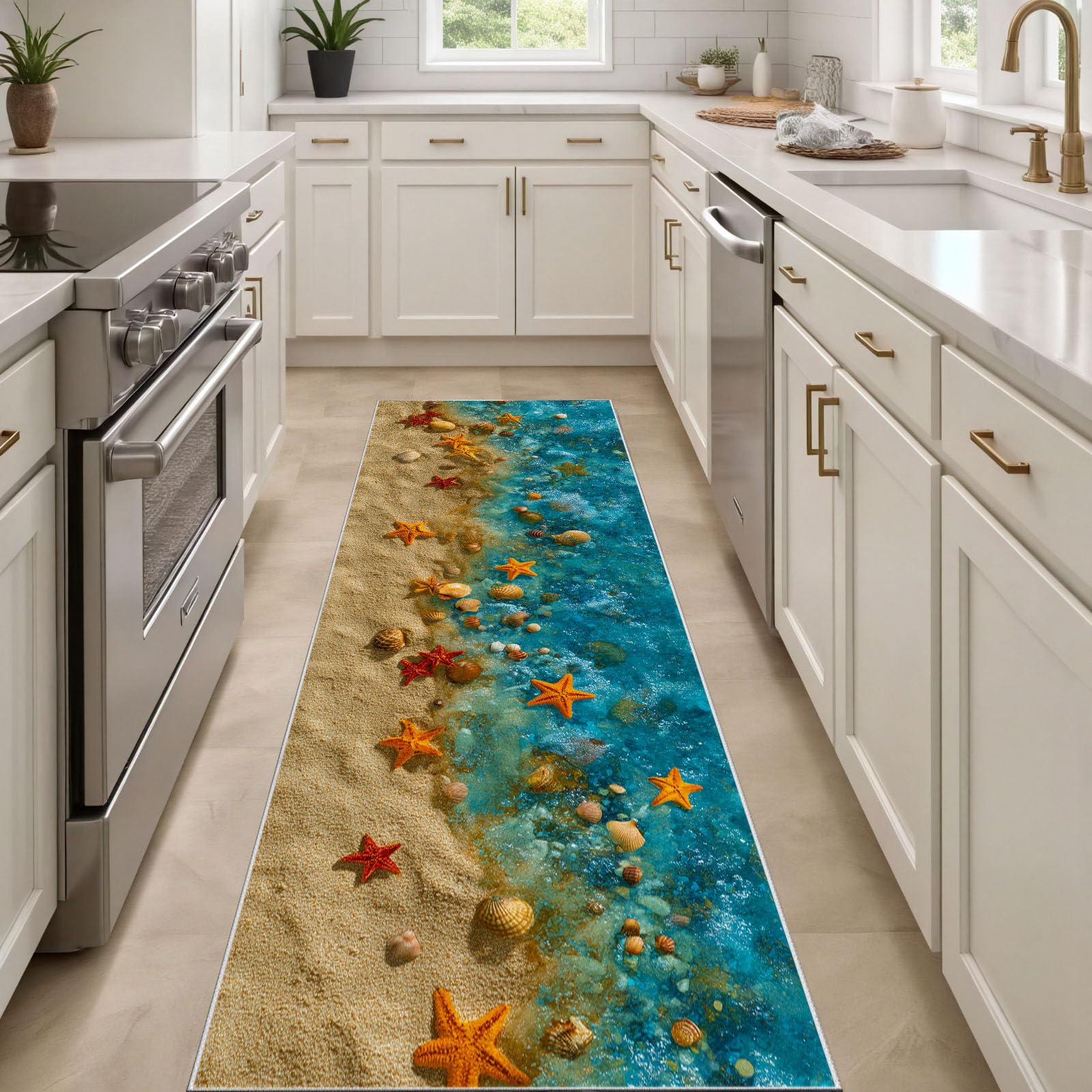 Mer Vague Plage Tapis Cuisine Devant Evier Lavable Coquillage étoile de mer Descente de Lit Antidérapant 60x180 cm Thème Océan Tapis de Passage pour Couloir, Passage, Chambre à Coucher, Salon