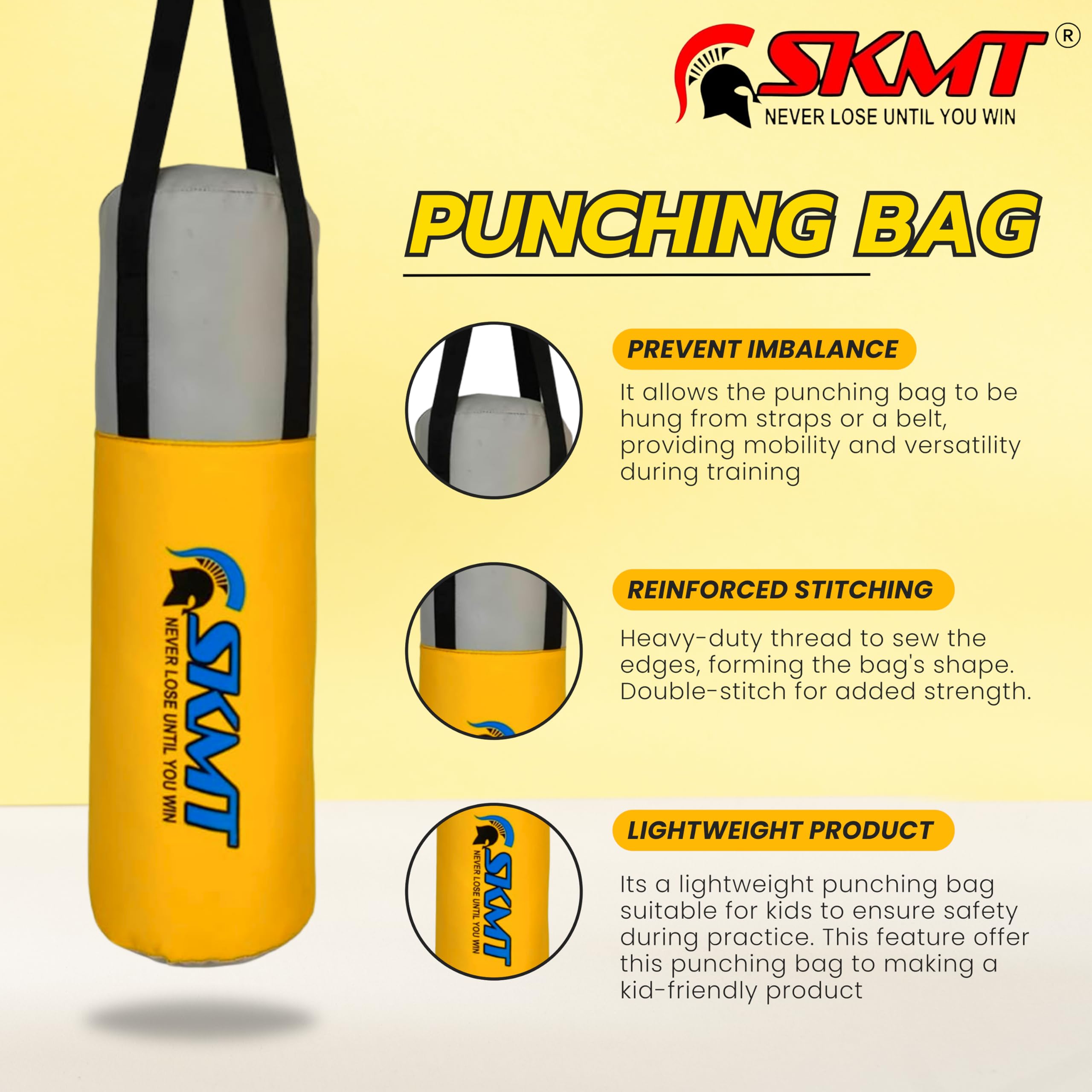 SKMT Never Lose Until You Win Kids Boxing kit Yellow (Filled Punching Bag, Gloves and Headgear, Age 2-8 Years) 1