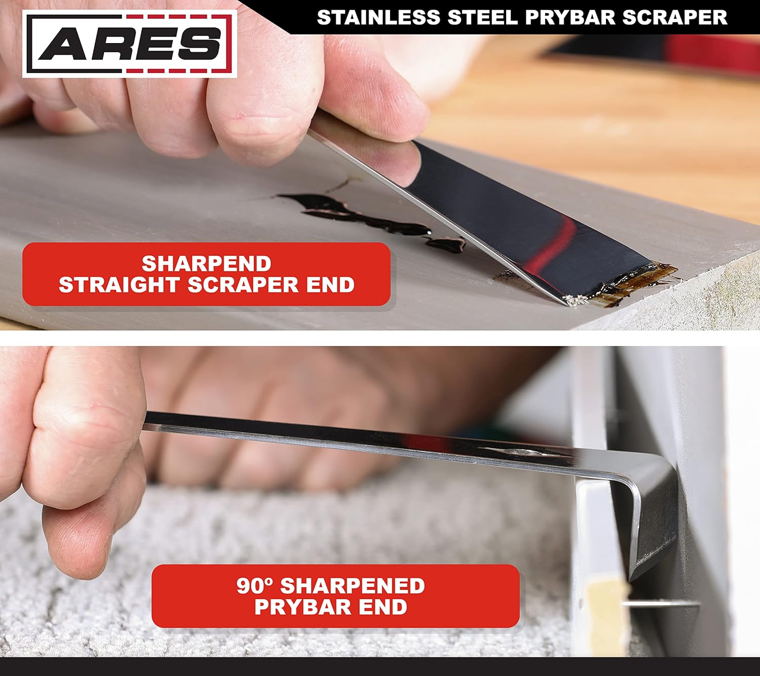 ARES 46017 12-In Stainless Steel Pry Bar Scraper - Built-In Nail Puller | Ultra-Sharp, Removes Residue from Steel, Aluminum & More; Prybar End for Extra Leverage