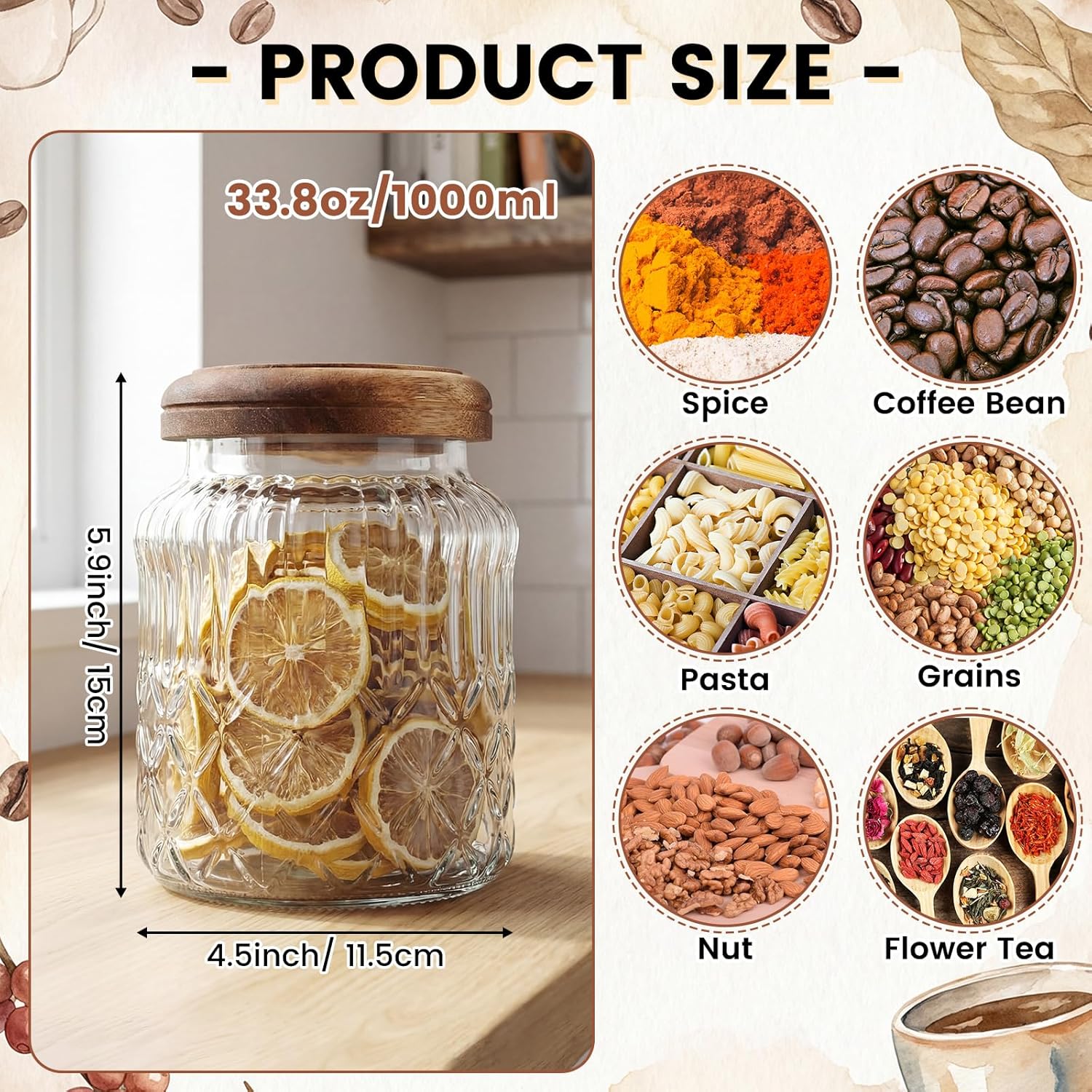 6 Pack Vintage Glass Jars with Wooden Lids 33.8 oz Airtight Glass Canisters Storage Containers Large Food Canisters for Pantry Coffee Spice Grains Tea Sugar Flour Kitchen(Fine Floral)