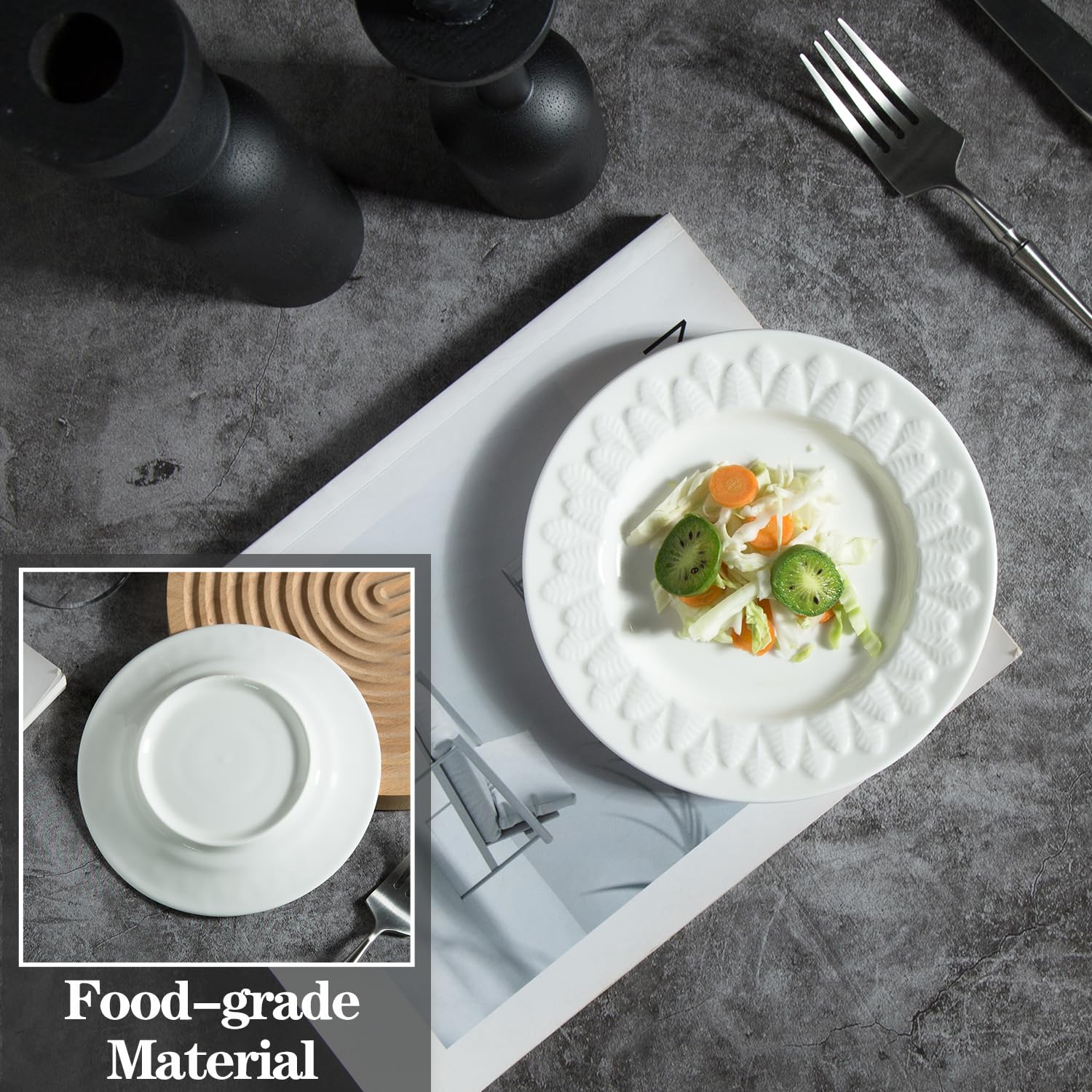 Juego de 18 platos de porcelana de 6 pulgadas, platos pequeños para ensalada de postre, platos de servir con forma de hojas blancas para pasteles, aperitivos, helados, gofres, microondas, horno y