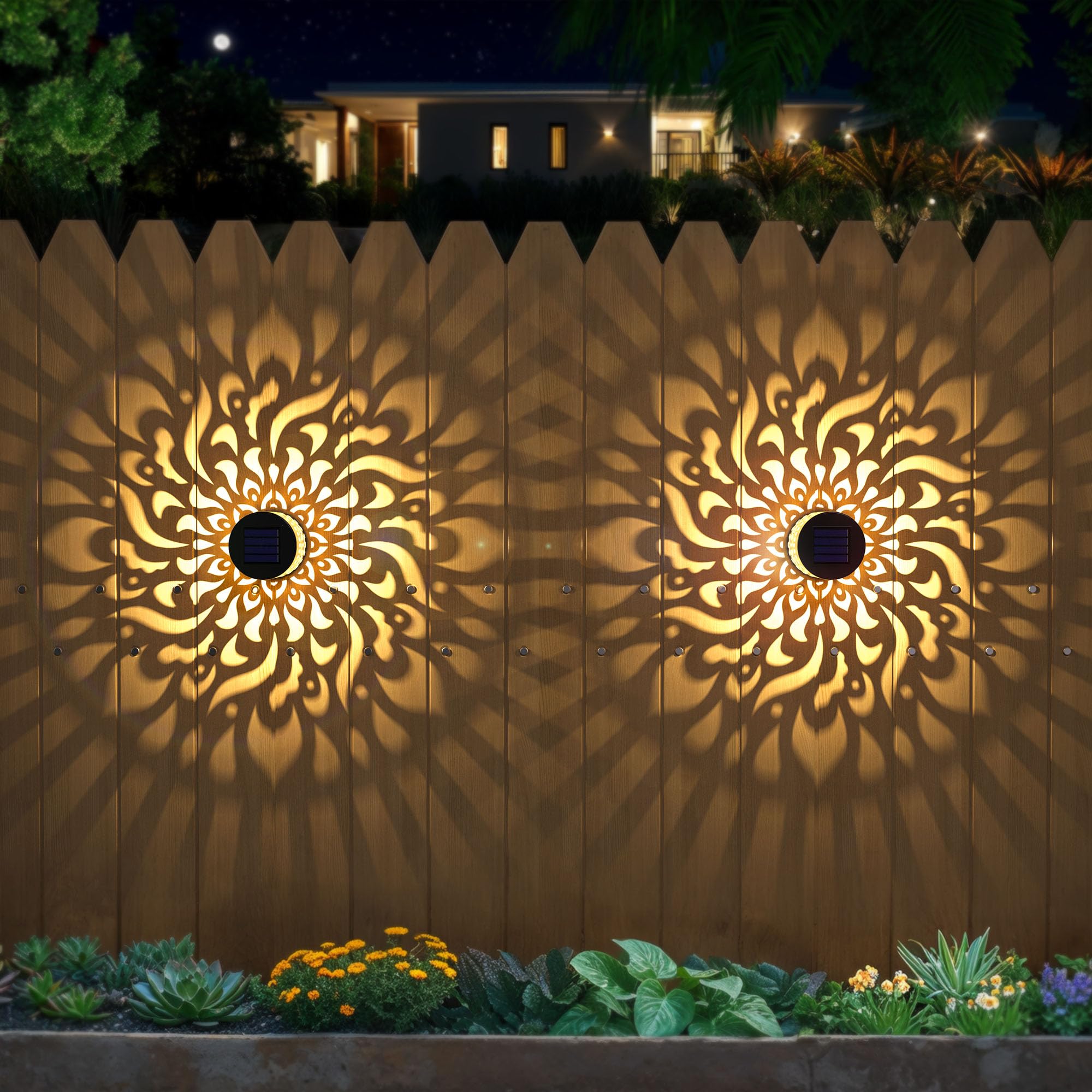 Photo 1 of 2 Pack Solar Fence Lights Metal Solar Powered Outdoor Wall Deck Step Lights Mandala Theme Waterproof Fence Light for Garden Post Patio Backyard Yard Decor, Gardening Gifts for Women Mom Grandma