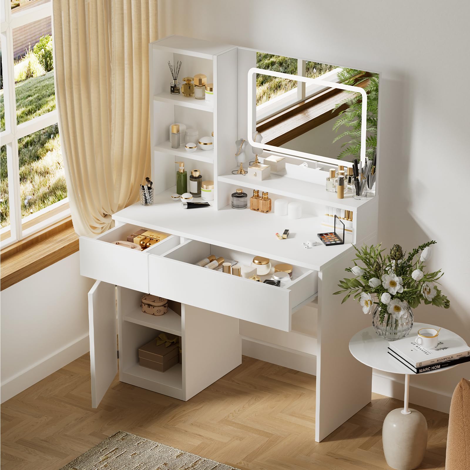 Devoko Toeletta Trucco con Specchio, Luci LED Regolabili, Ripiani Regolabili con 2 Cassetti，Postazione Trucco,Tavolo da Toilette Moderno in Legno Bianco