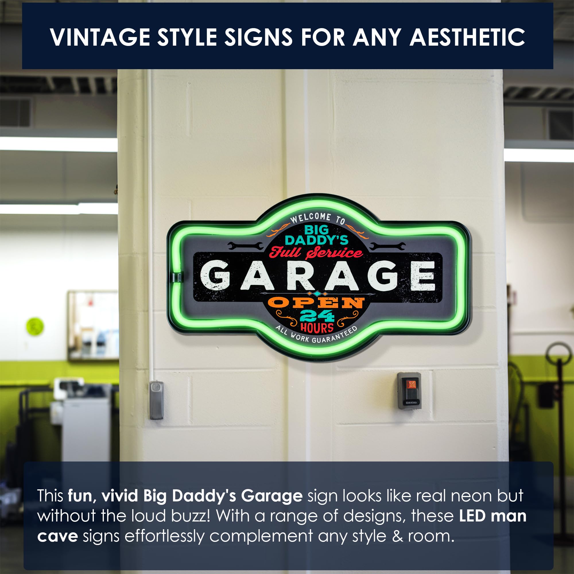 Big Daddy's Garage - Reproduction Vintage Advertising Marquee Sign - Battery Powered LED Neon Style Light - 17 x 10 x 3 Inches