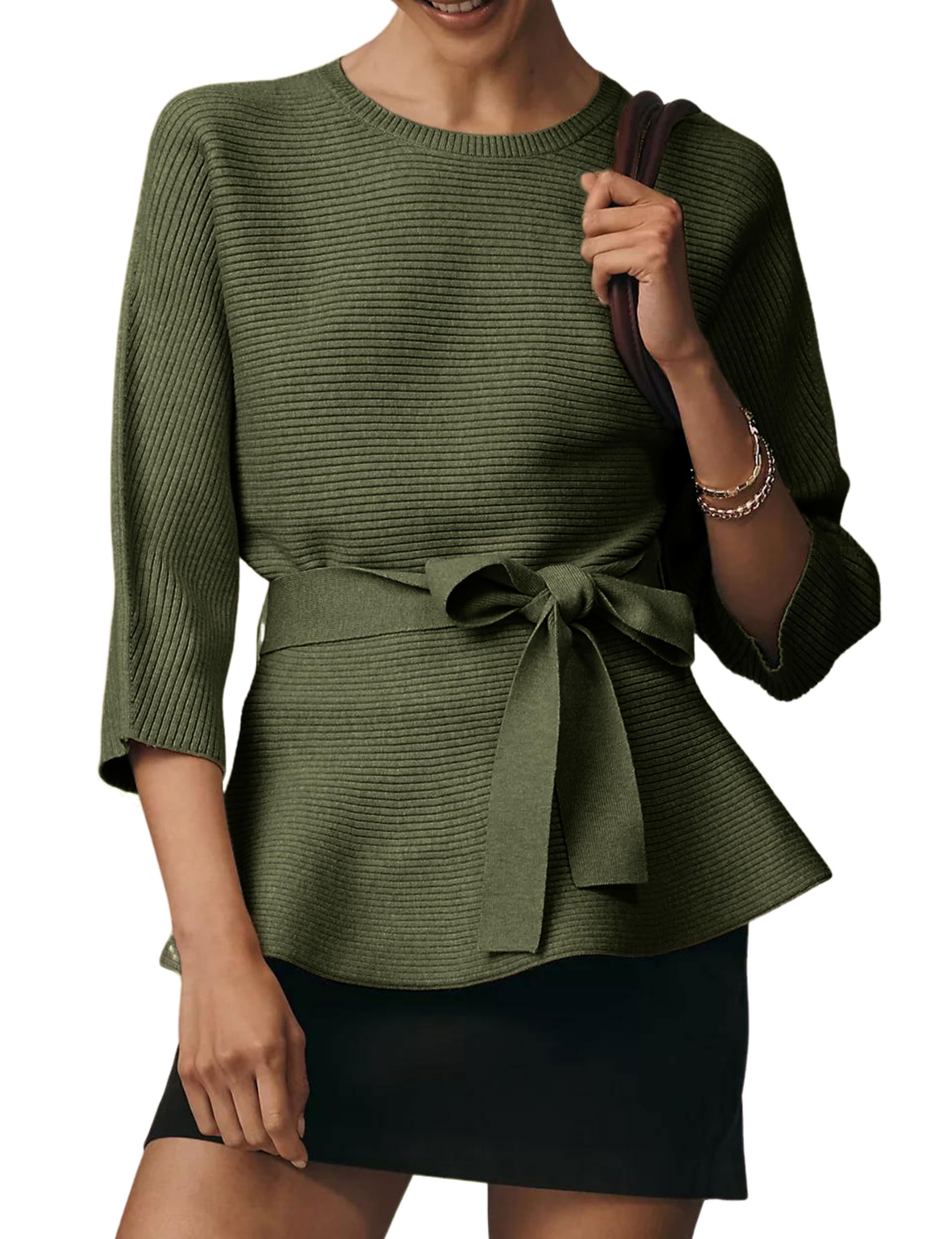 Yeokou Womens Ribbed Belted Sweater 3/4 Sleeve Crew Neck Pullover Tunic