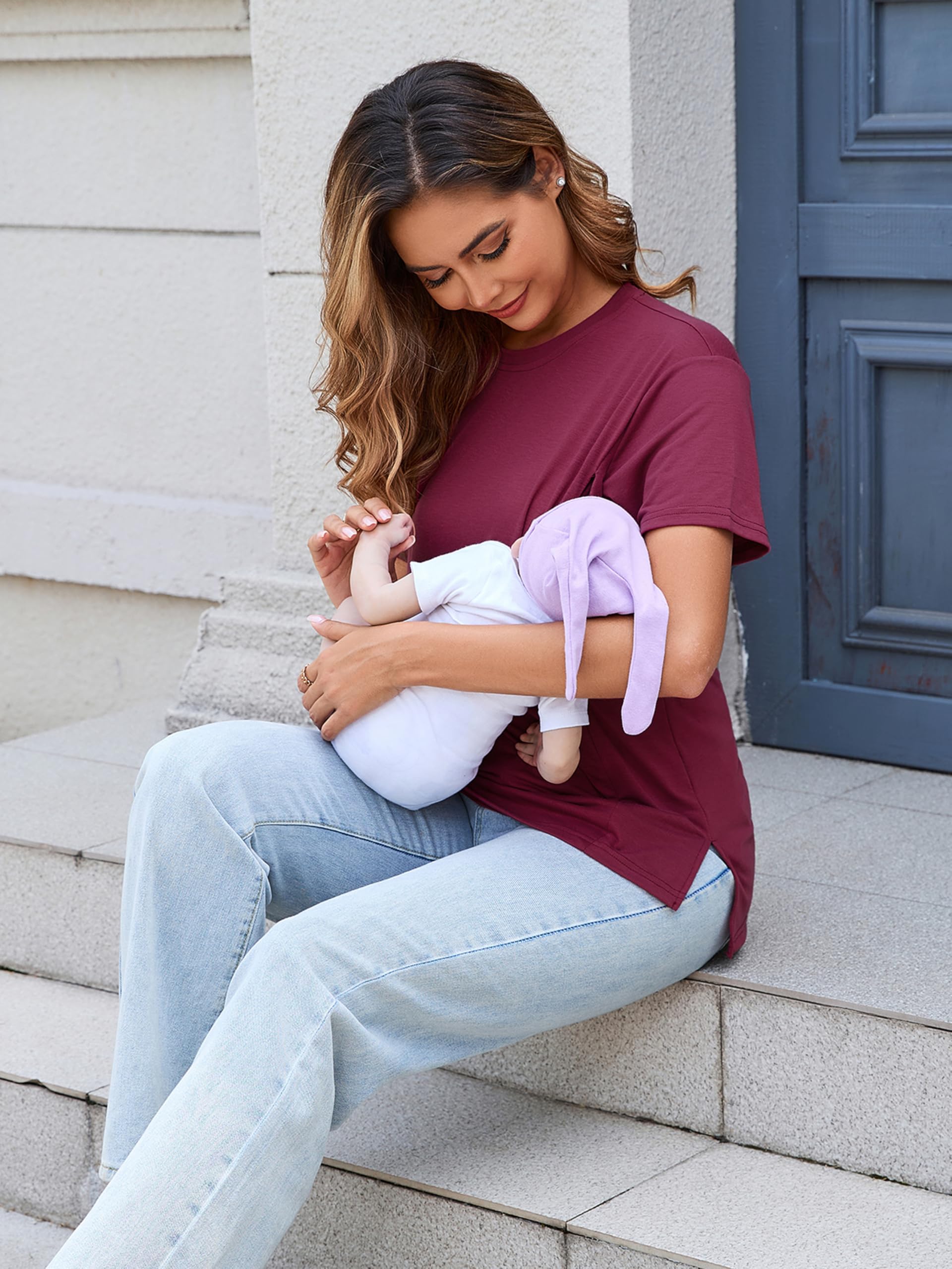 Ecavus 3er Pack Damen Stillshirt mit Verstecktem Reißverschluss Mode Seitenschlitze Stilltee Kurzen Umstandsmode