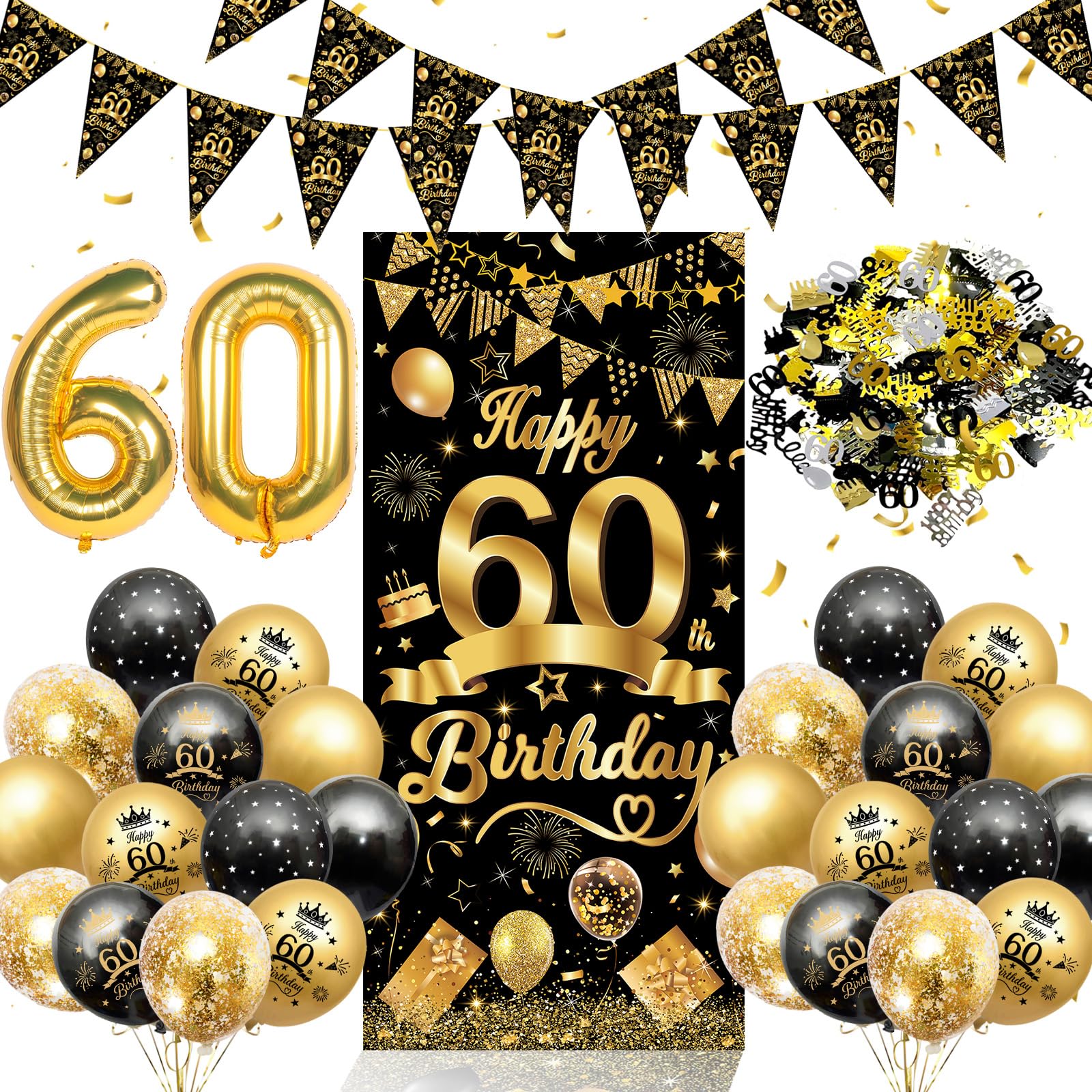 60. Geburtstag Deko für Männer Frauen,AivaToba Deko 60.Geburtstag Luftballons Schwarz Gold mit Geburtstagsdeko 60 Jahre Lange Banner,Konfetti Deko,Zahl 60 und Wimpelkette,60 Geburtstags Dekoration Set
