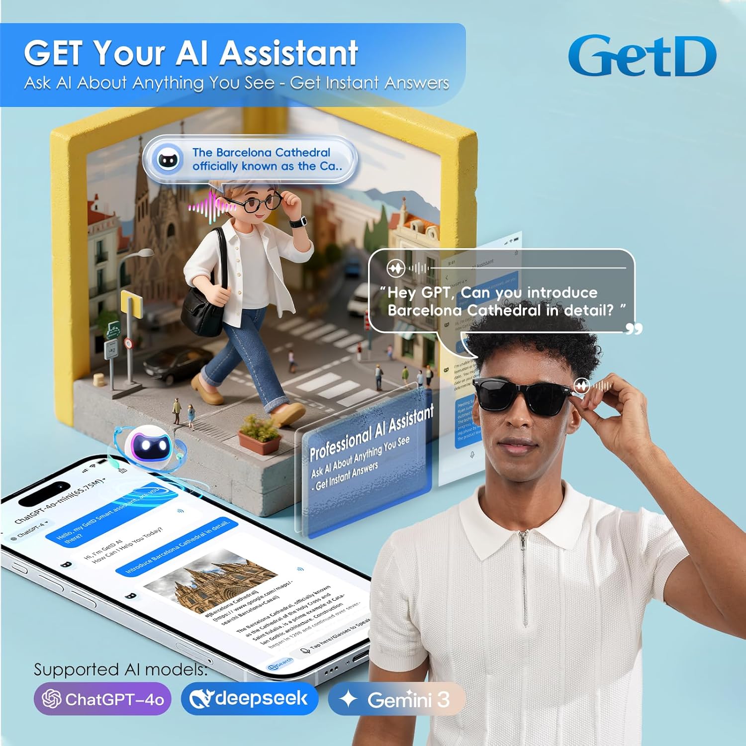 GetD 2026 AI Glasses for Men & Women, Smart Glasses Powered by ChatGPT, AI Real-time Translation with 145 Languages, 11H Music Play, Bluetooth Sunglasses with Polarized Lens, UV Protection for Travel
