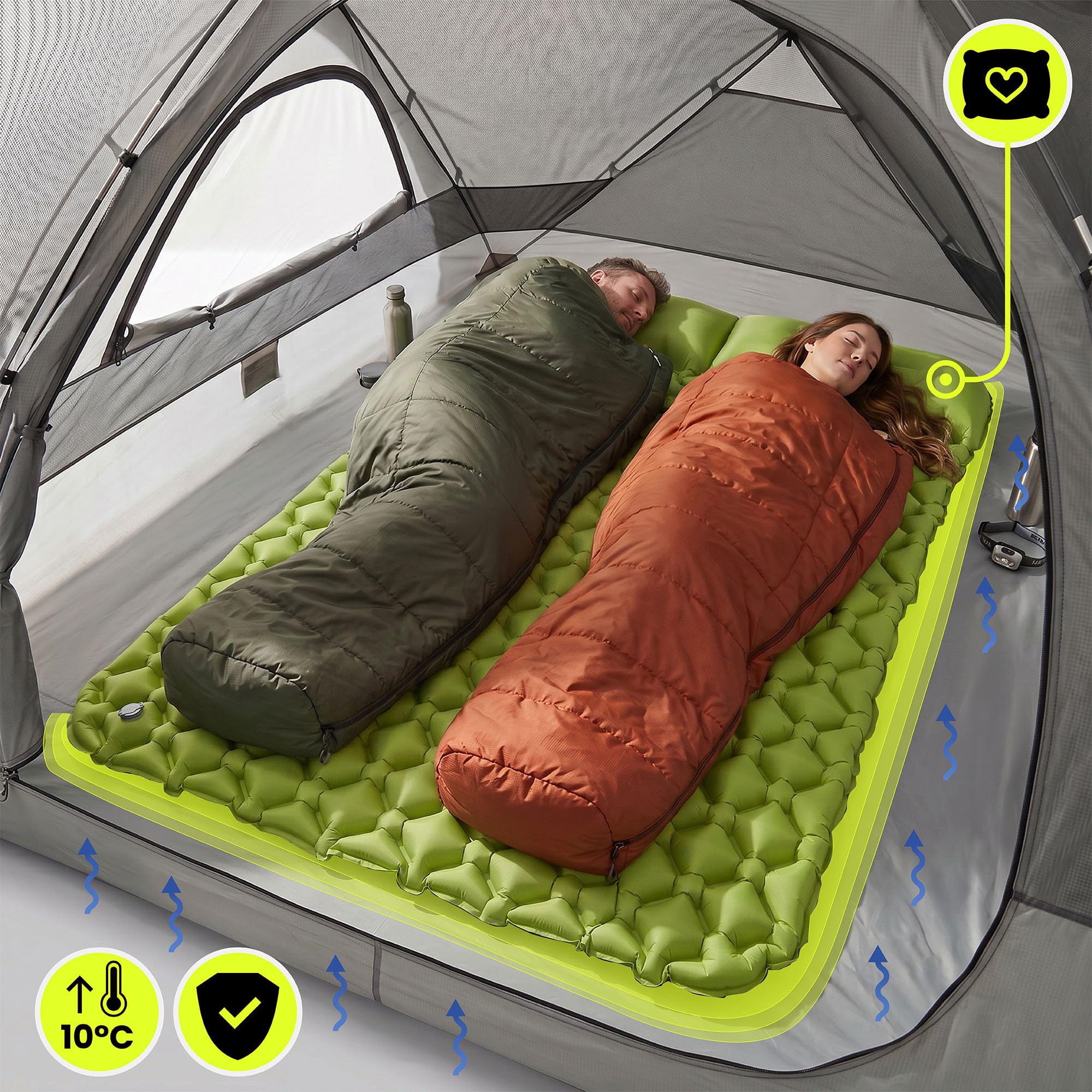 HyperMotion Materac Trekkingowy Campmat 2, Ultralekki, 190x120 cm | 940 g, Miejsce dla 2 Osób, 2 Poduszki, Kompaktowe Składanie, Wygodny Wypoczynek Podczas Biwaków