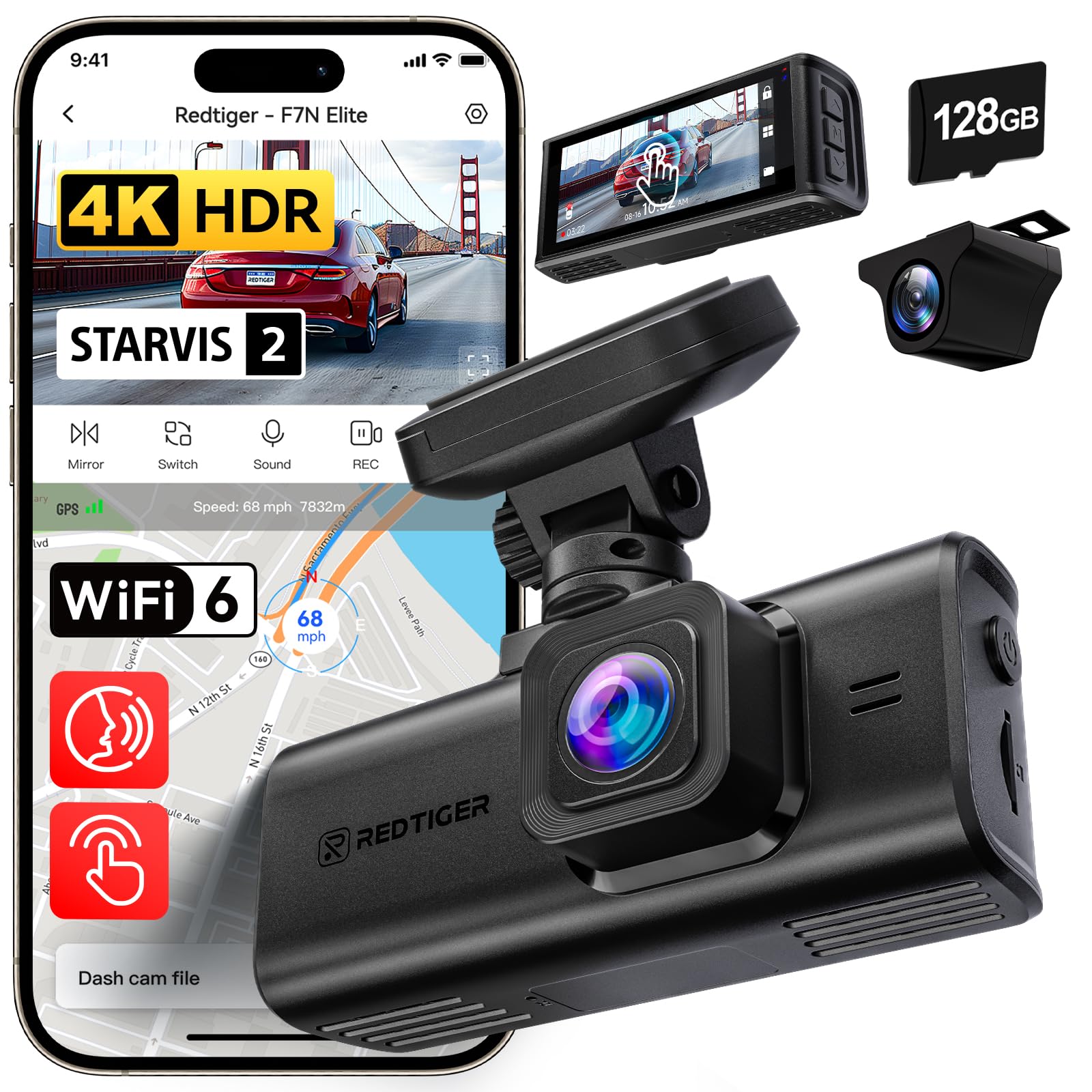 REDTIGER F7N Elite 4K HDR Dual Dash Cam Front & Rear, Sony STARVIS 2 Sensor, 5.8GHz WiFi APP, Built-in 128GB, 3.18" Touchscreen, Voice Control, GPS, 2...