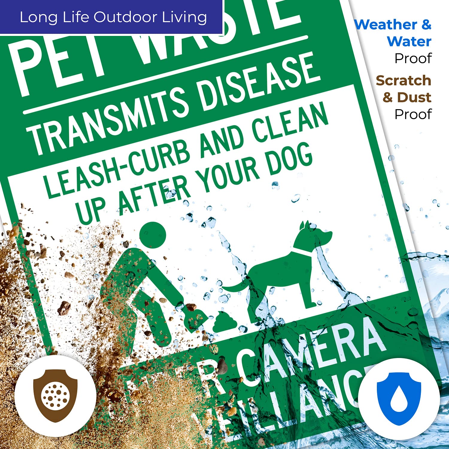 Pet Waste Leash-Curb and Clean Up After Your Dog Under Camera Surveillance Sign, 24x30 Inches, Rust Free .063 Aluminum, Fade Resistant, Made in USA