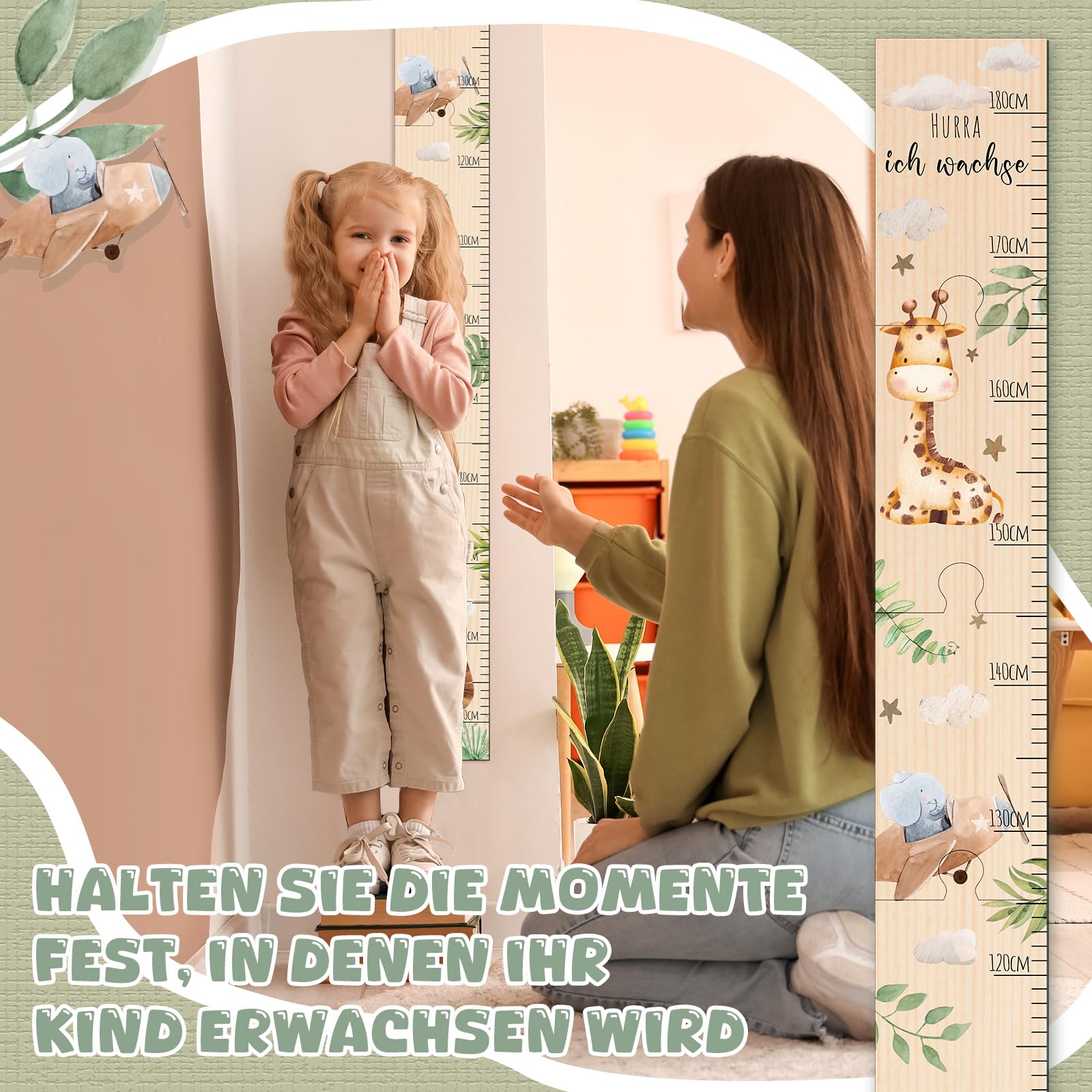 Toises pour Bébé Toise pour Enfant en Bois Tableau de Mesures pour Bébé Cadeau de Naissance Toise Murale Hurra Ich Wachse Décoration de Chambre(Animaux de Forêt)