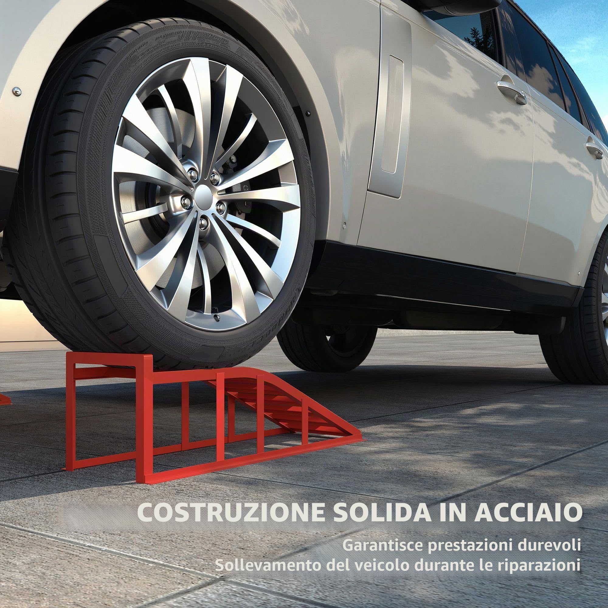 HOMCOM 2-Pack Rampe per auto antiscivolo Acciaio Rosso