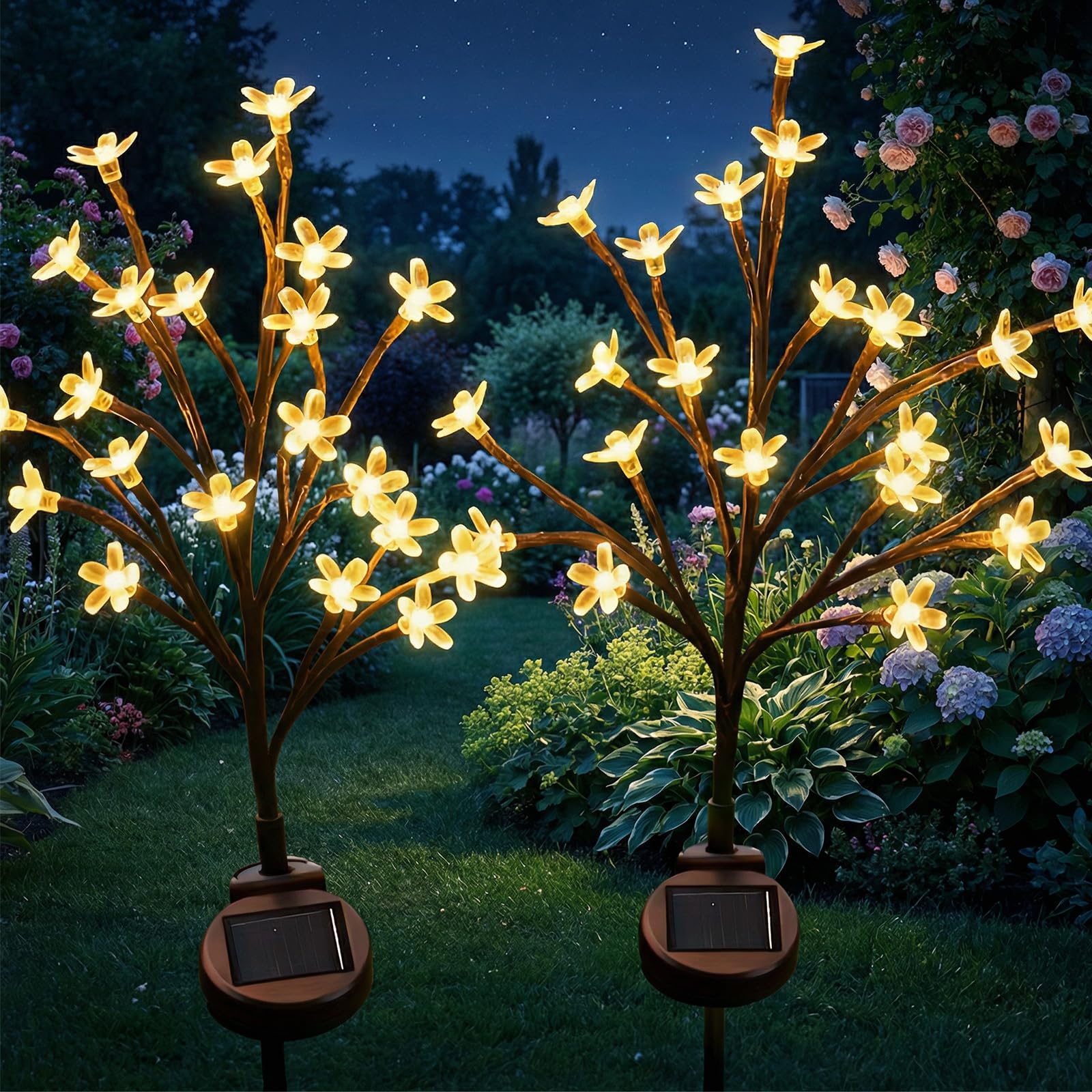 2PCS Solar Lights Outdoor Garden Waterproof, Upgraded 20 LED Outdoor Cherry Blossom Lamp, IP65 Waterproof Outdoor Solar Swaying Flowers Lights for Lawn Yard Terrace Illumination Garden Ornaments