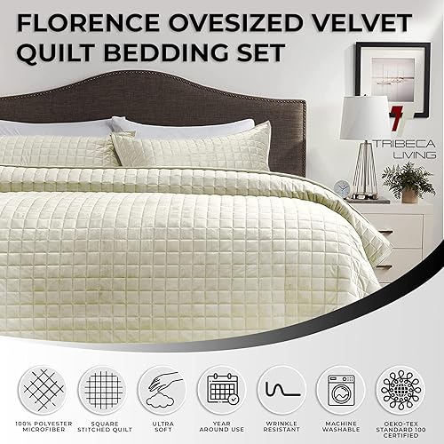 Miniatura 3 de Tribeca Living FLORENCEQUIKISI - Juego de acolchado Florencia, de terciopelo, sólido, tamaño grande)