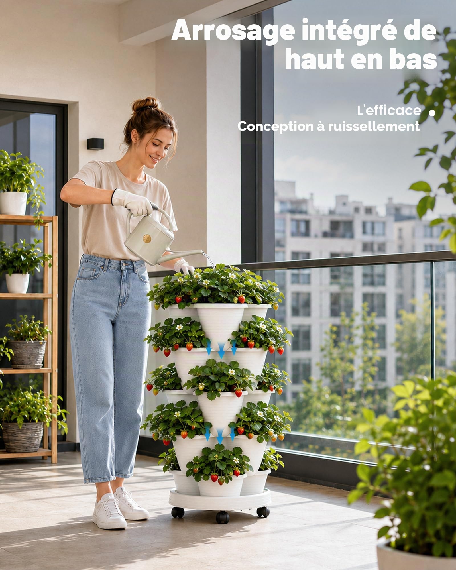 Bamworld Jardinière sur Pied 5 Niveaux Empilable avec roulettes Bloquables, pour Intérieur, Extérieur et Balcon, pour Herbes, Fraises et Légumes, Blanc