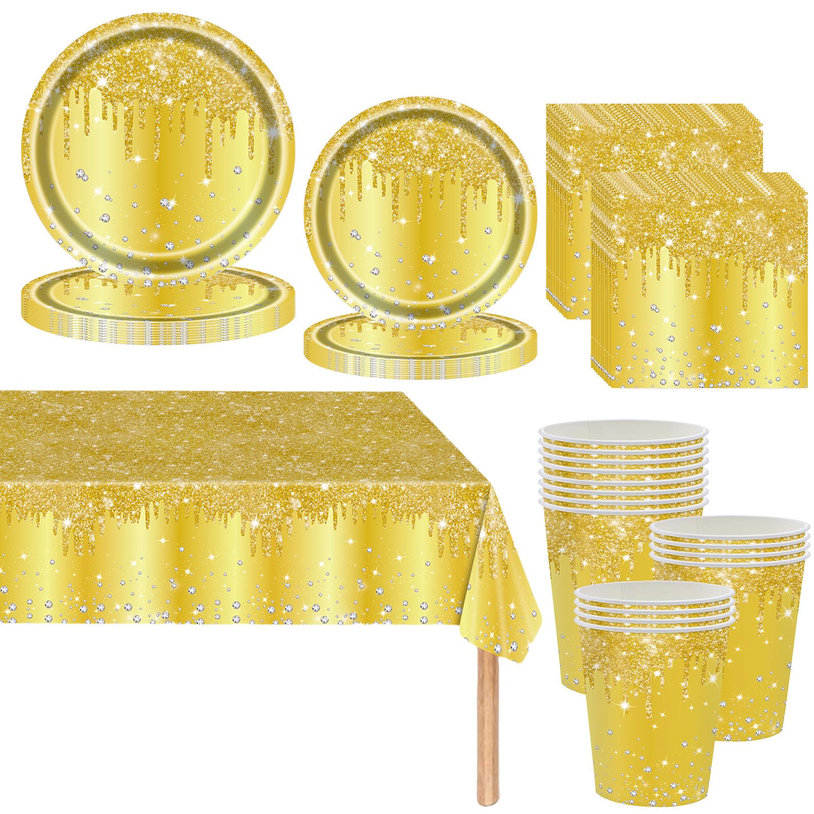 Partygeschirr für Erwachsene und Kinder, goldfarben, glänzend, glitzernd, Partygeschirr, Pappteller, Becher, Servietten und Tischdecke, Set für Sie und Ihn, Geburtstagsgeschenke, Partyzubehör