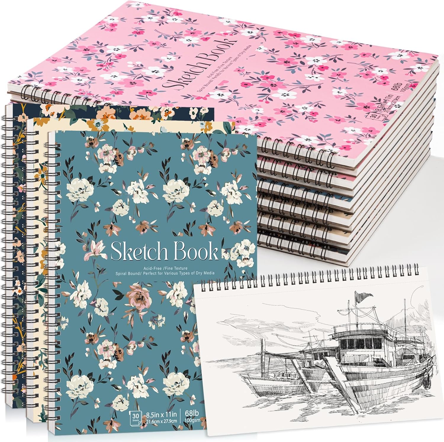 12 Pack Sketch Book, 8.5 x 11Inch Sketchbook, 68lb/100gsm Top Spiral Bound Sketch Pad, Acid Free Art Supplies Drawing Painting Sketching Paper for Woman Artists (30 Sheets Each)
