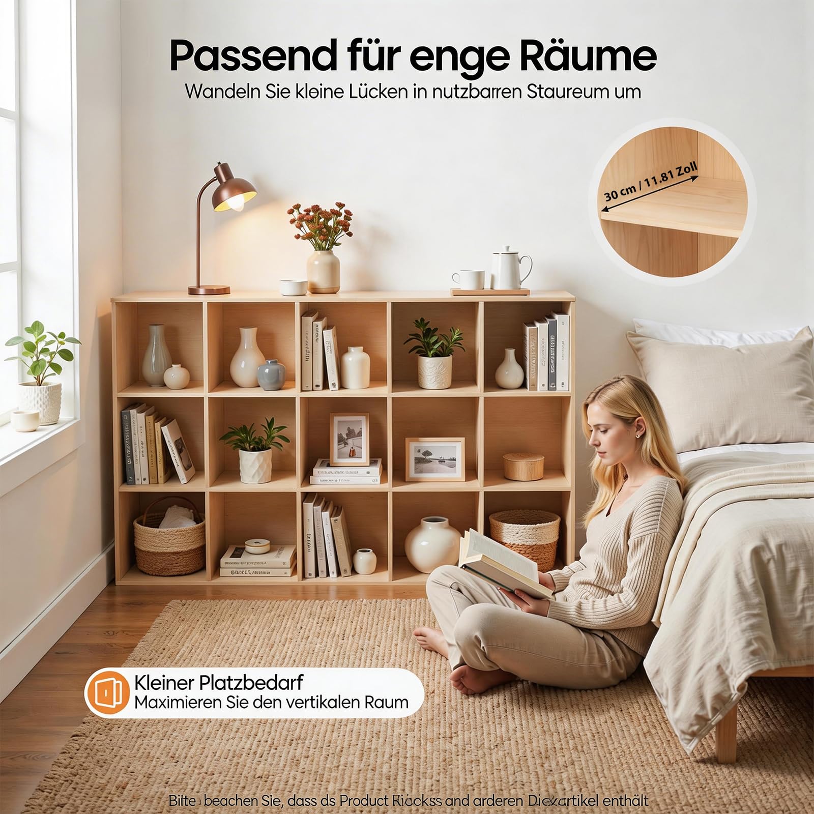 Bücherschrank aus Holz, Würfelregal aus Massivholz, Bücherregal, Büroregal, Standregal, Raumteiler, für Wohnzimmer, Schlafzimmer, Büro, Kinderzimmer, 150 x 30 x 90cm (15 Fächern)