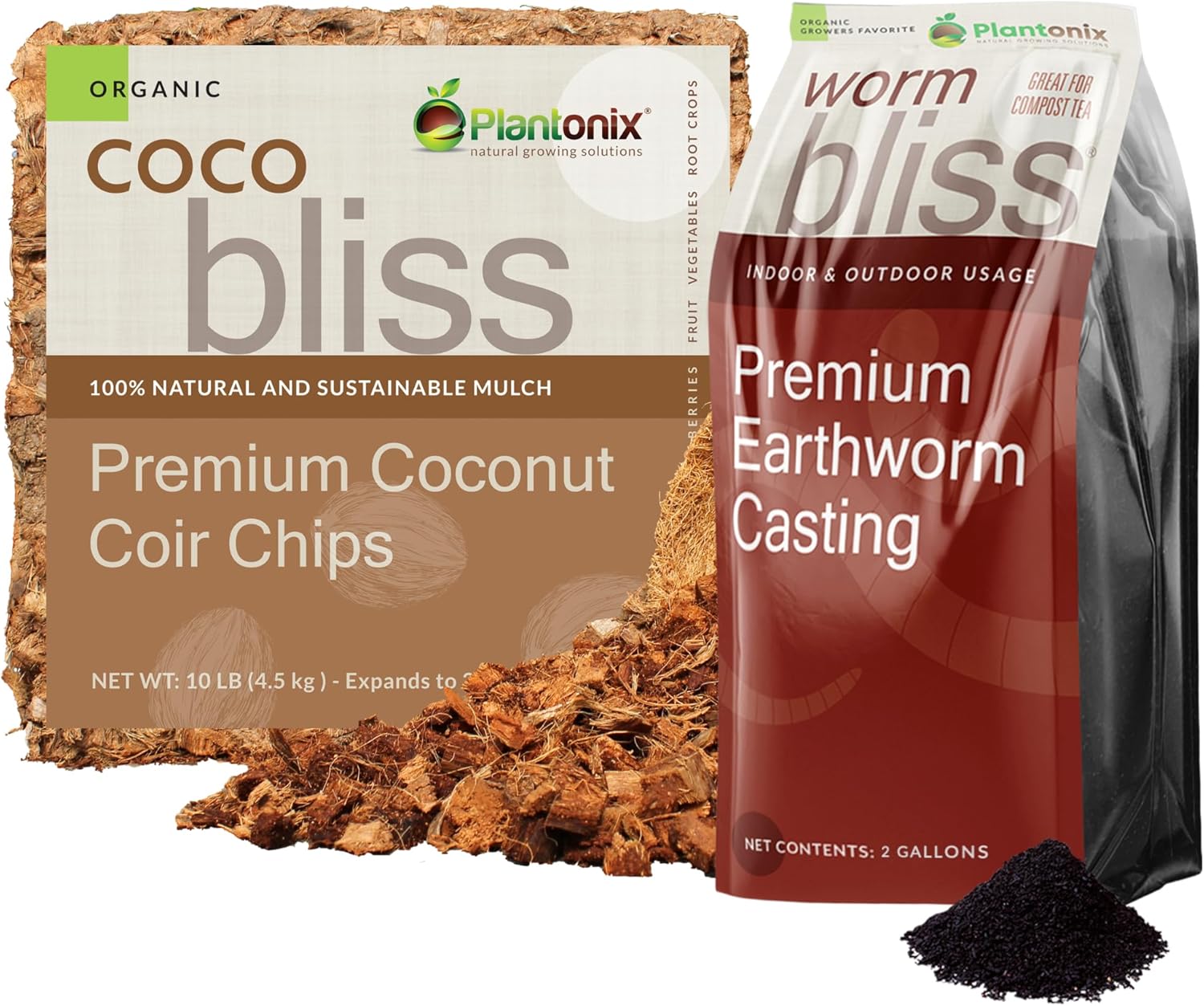 Worm Bliss (2 Gallons) + Coco Chips for Plants (10lbs) - Coco Coir Chips & Organic Worm Castings for Plants - Earthworm Castings Organic Fertilizer for Plants - Coconut Mulch Coconut Brick for Plants