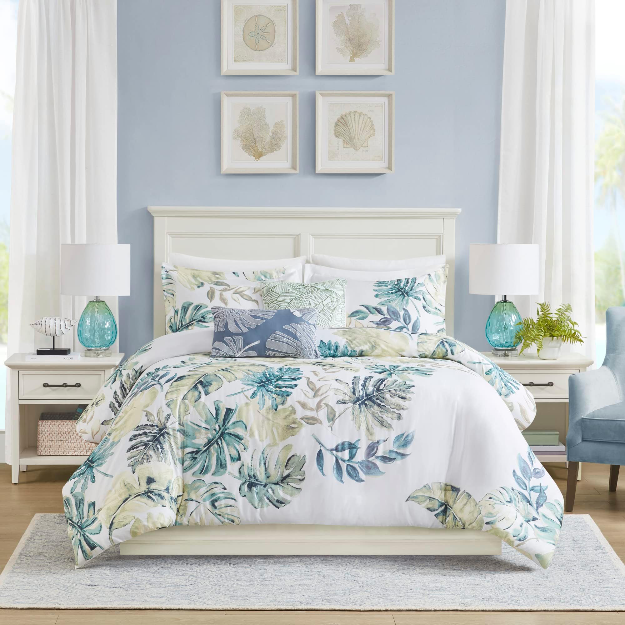 100% Cotton Duvet Cover, Coastal, Beach Cottage Design, All Season, Breathable Comforter Tropical Bedding, Matching Shams, Lorelai Monstera Leaf Cal King (106"x90") 5 Piece