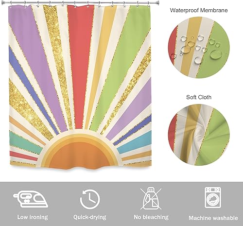 Miniatura 4 de Newsely Cortina de ducha boho de los años 70, 60 pulgadas de ancho x 72 pulgadas de alto, abstracto, retro, arco iris, puesta de sol, puesta de sol,
